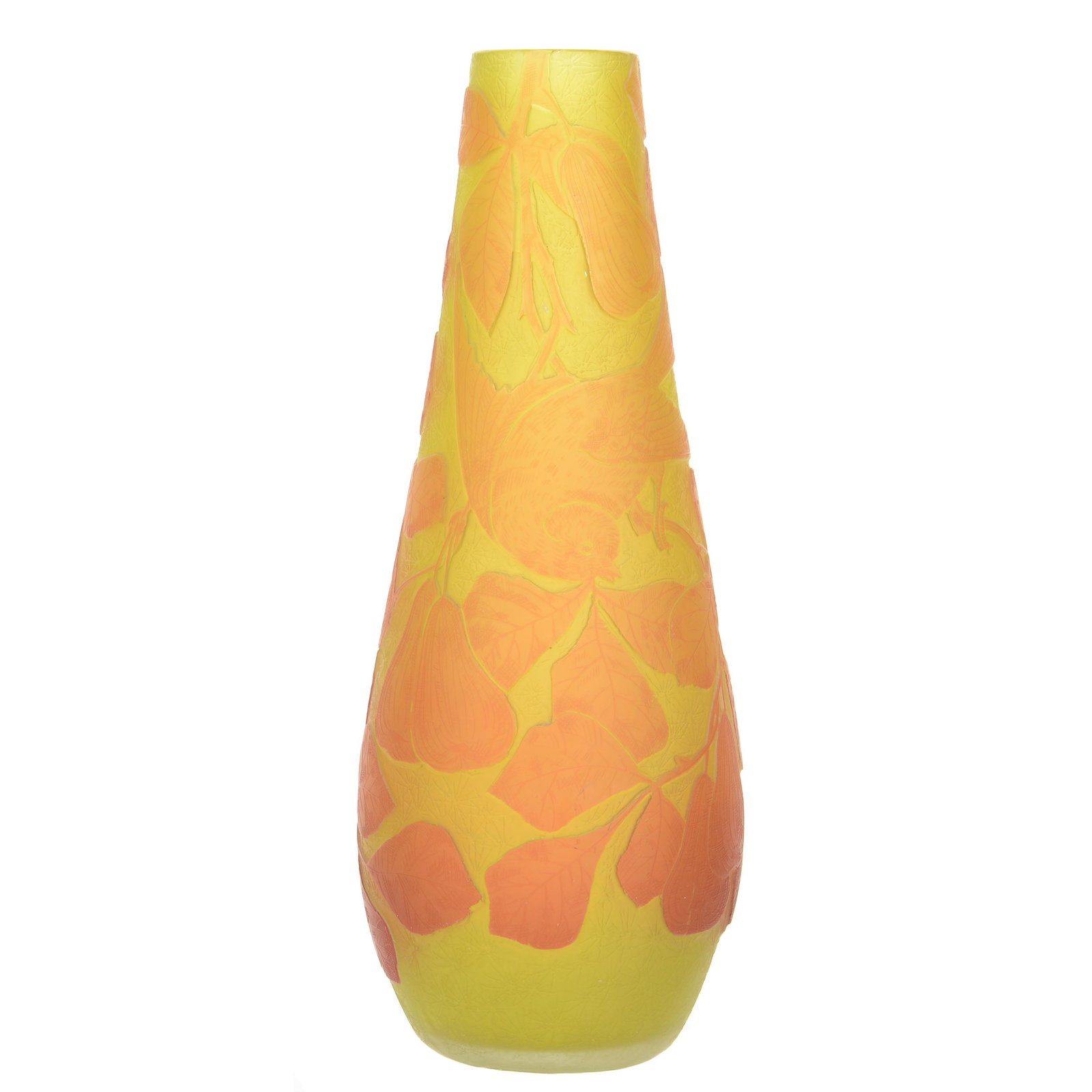 Vase Signed Orrefors Swedish Cameo Glass: Vase Signed Orrefors Swedish Cameo Glass, 10.25" x 4", Bright Green Acid Cut Background with Cameo Carved with Bird and Pear Branch Decor, Very Unique, John Lolley Estate, Monroe, LA. The majority of 