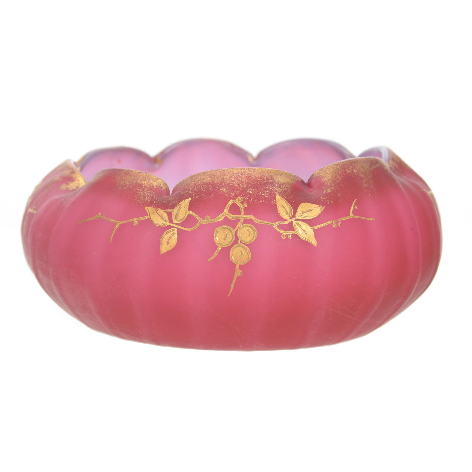 Bowl, Raspberry Satin Art Glass Attributed to Webb: Bowl, Raspberry Satin Art Glass Attributed to Webb, 2.5" x 6", Enamel Branch and Berry Decor, Pontil has Some Burst Air Traps, John Lolley Estate, Monroe, LA. The majority of Mr. Lolley's collection w