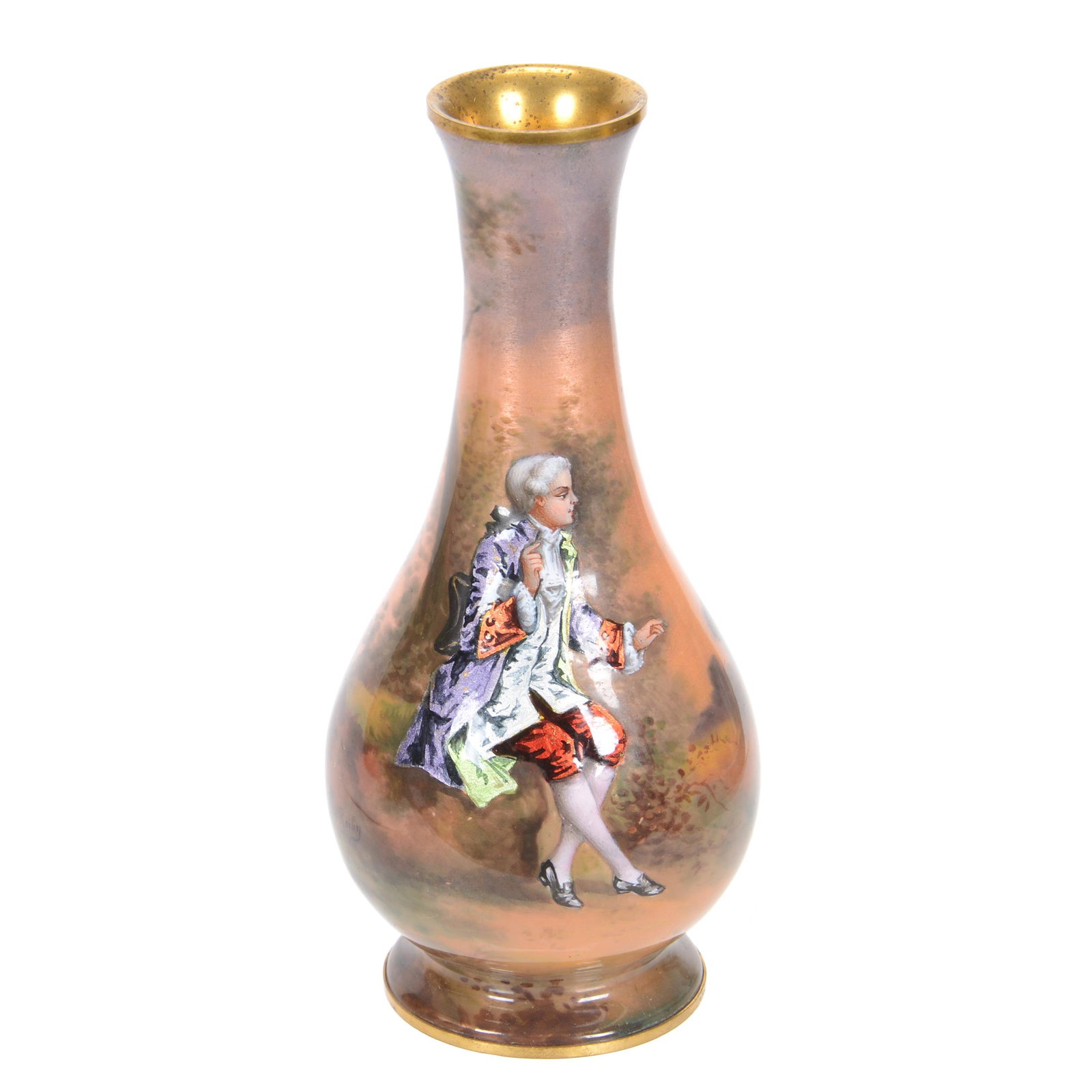 Vase, French Enamel Scene: Vase, French Enamel Scene, 6.5" x 3", Classically Dressed Man Seated on Rock, Artist Signed "Roiby", Very Nice Condition, John Lolley Estate, Monroe, LA. The majority of Mr. Lolley's collection was ma