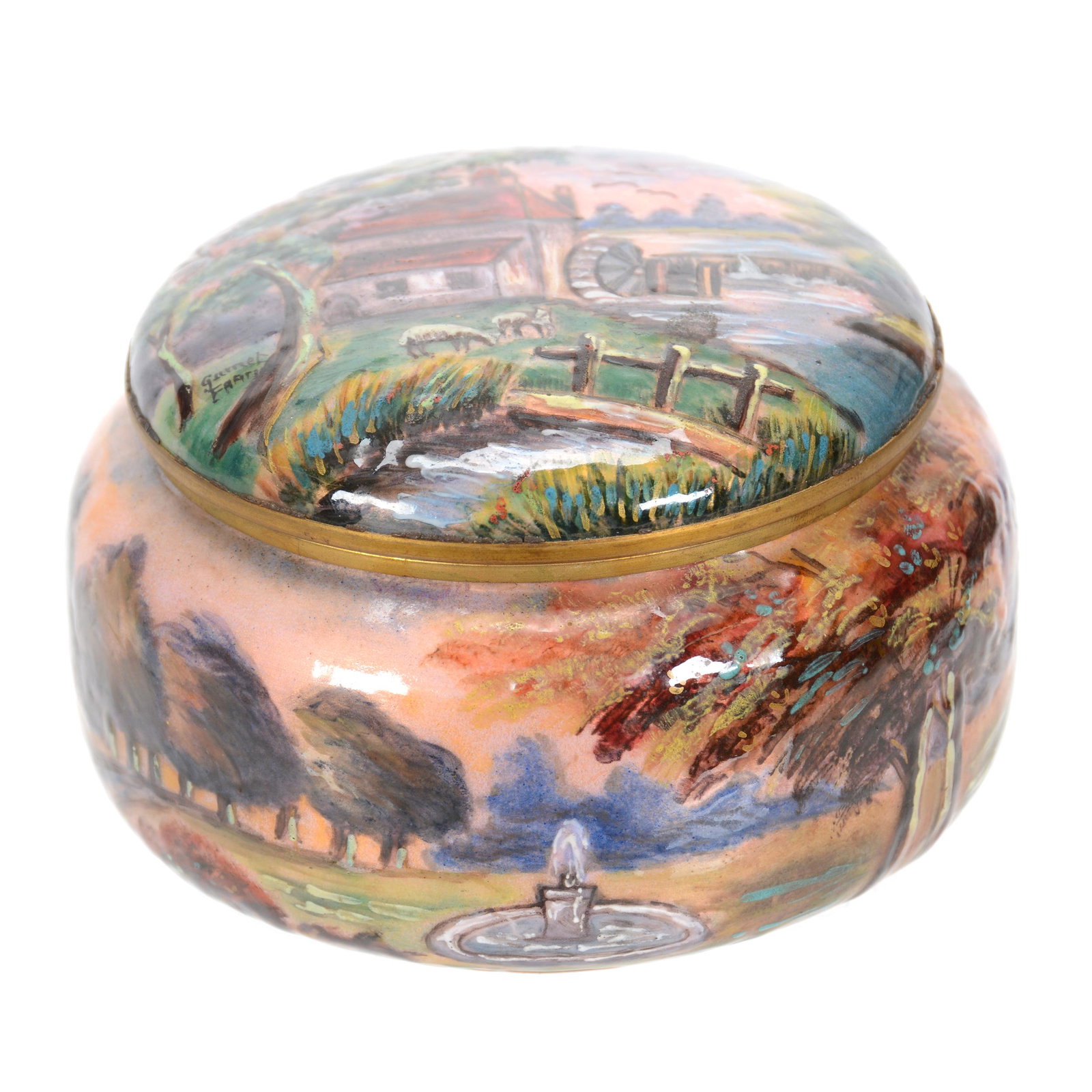 Covered Box, French Enamel: Covered Box, French Enamel, 3" x 4.5", Completely Decorated Mill Scenic Decor, Metal Ring Around Top Rim of Box Needs Re-Attached, John Lolley Estate, Monroe, LA. The majority of Mr. Lolley's collecti
