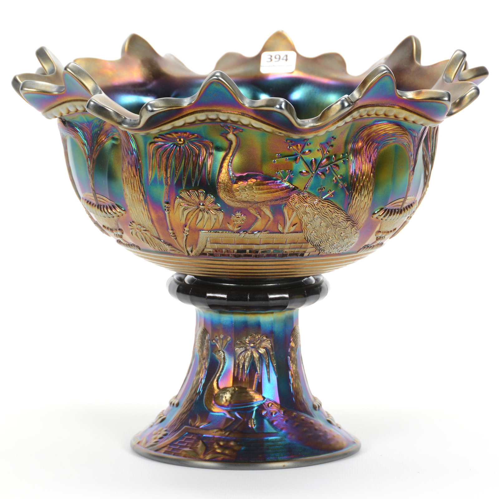Punch Bowl, Carnival Glass by Northwood: Punch Bowl, Carnival Glass by Northwood, 10" x 11.5", Peacock at Fountain, Purple, Wonderful Iridescence, John Lolley Estate, Monroe, LA. The majority of Mr. Lolley's collection was marked with a muse