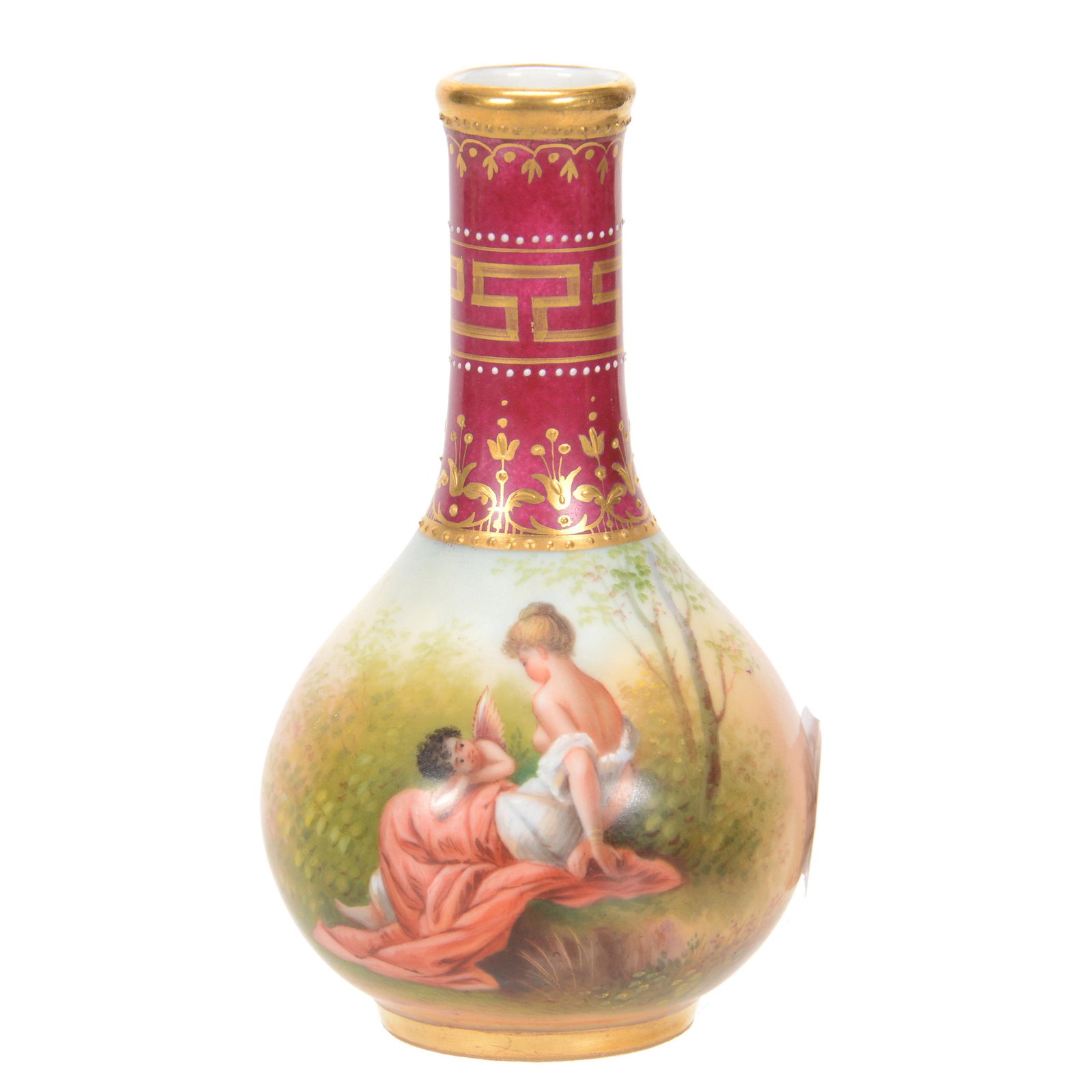 Vase Marked Beehive, Classic Scene: Vase Marked Beehive, Classic Scene, 4" x 2.5", Woman and Cherub, Maroon Border, Gold Highlights, John Lolley Estate, Monroe, LA. The majority of Mr. Lolley's collection was marked with a museum labeli