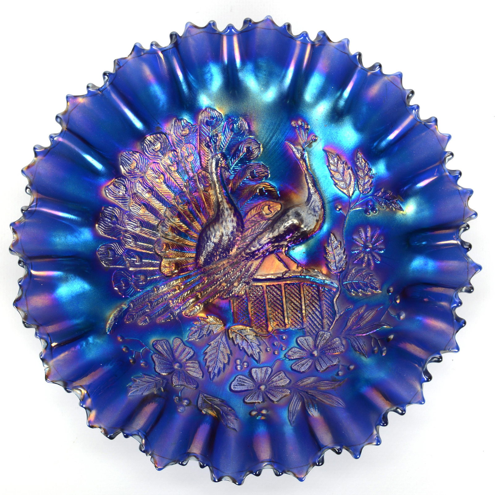 Bowl, Carnival Glass Northwood Peacocks on Fence: Bowl, Carnival Glass Northwood Peacocks on Fence, 8.75", Blue, Ribbed Exterior, Pie Crust Edge, Chip on One Point, John Lolley Estate, Monroe, LA. The majority of Mr. Lolley's collection was marked wi