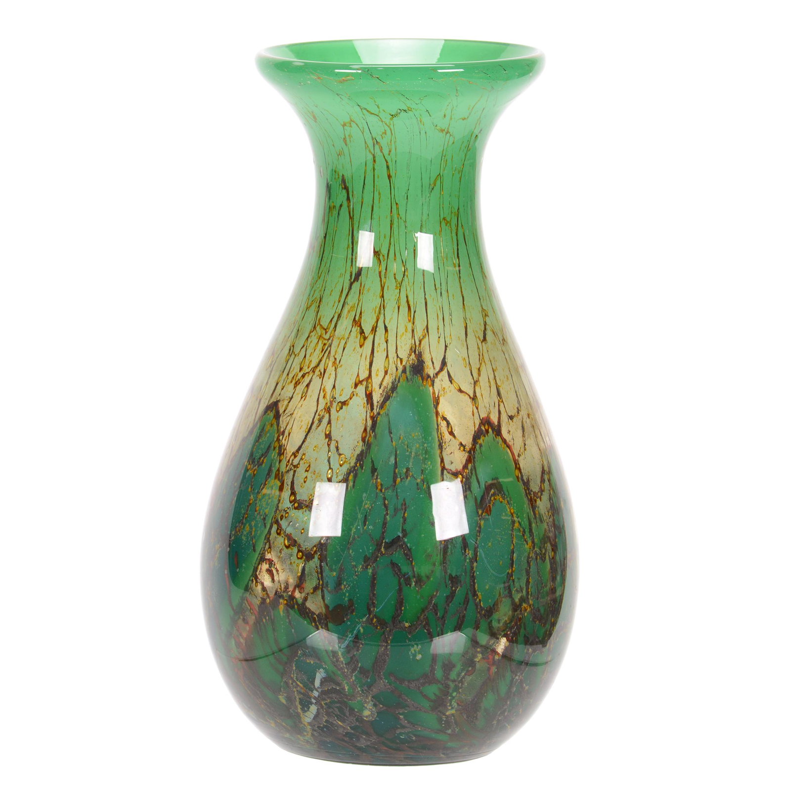 Vase, Unmarked Monart Art Glass, Circa 1930's: Vase, Unmarked Monart Art Glass, Circa 1930's, 12" x 6.5", Green, Brown and Yellow Mottled Design, John Lolley Estate, Monroe, LA. The majority of Mr. Lolley's collection was marked with a museum labe