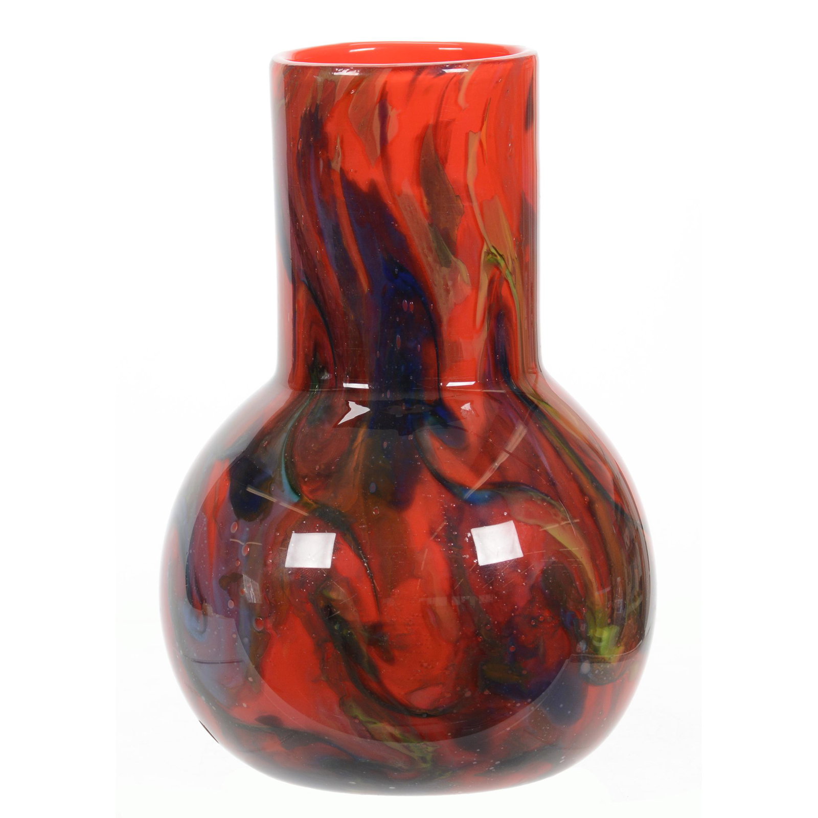 Vase, Monart Art Glass, Circa 1930's: Vase, Monart Art Glass, Circa 1930's, 8" x 5.5", Original Paper Label, Red with Blue, Yellow and Green Swirl Design, John Lolley Estate, Monroe, LA. The majority of Mr. Lolley's collection was marked 