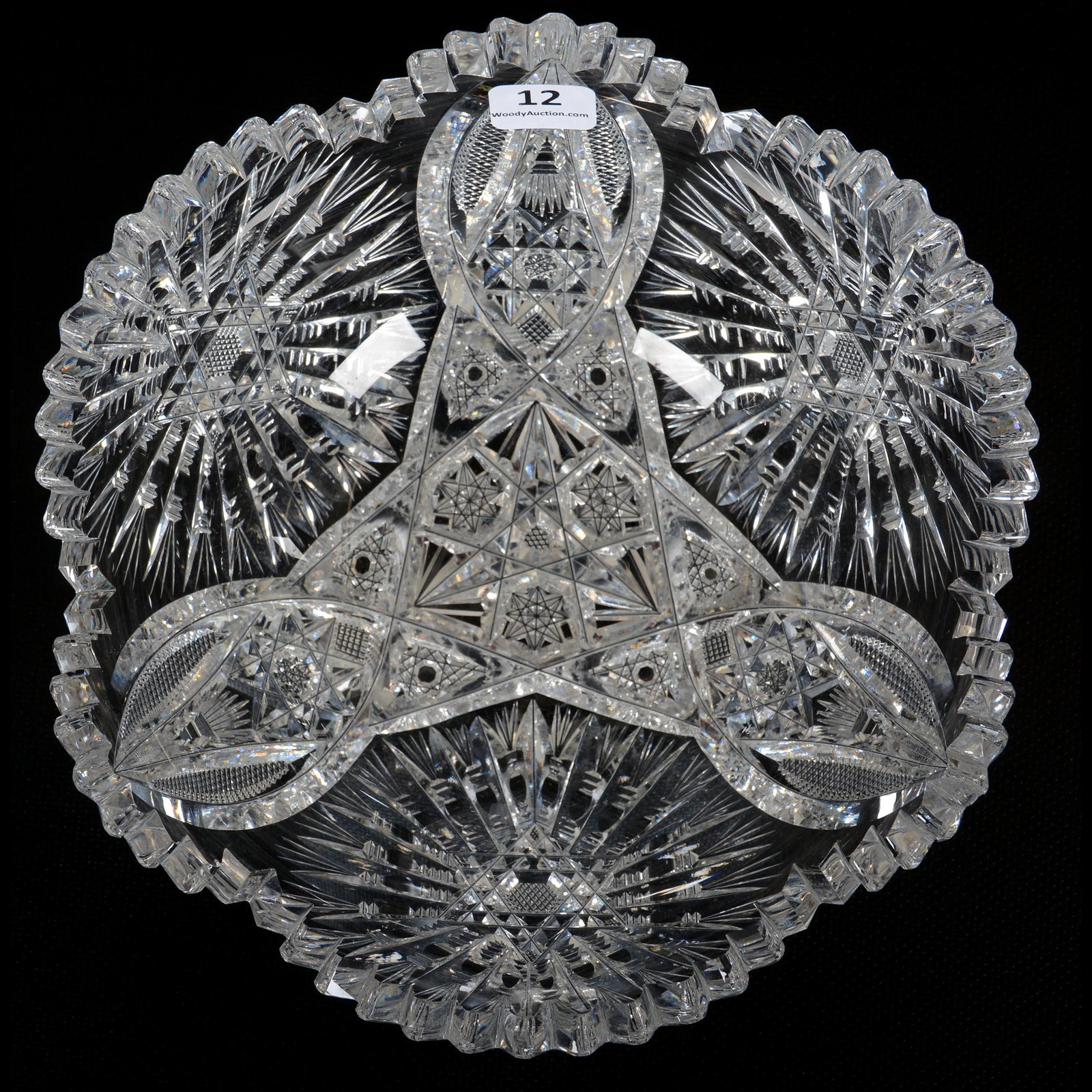 Bowl, ABCG, Empress Pattern by Pitkin & Brooks: Bowl, American Brilliant Cut Glass, Empress Pattern by Pitkin & Brooks, 3.25" x 8.25", Extra Clear Blank, One Side Chip on Tooth, Private Collection, NY