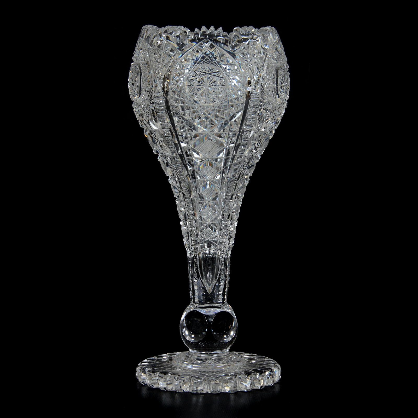 Chalice Vase, American Brilliant Cut Glass: Chalice Vase, American Brilliant Cut Glass, 12" x 5.5", Hobstar, Strawberry Diamond and Zipper Motif, Scalloped Hobstar Foot, Private Collection, MO