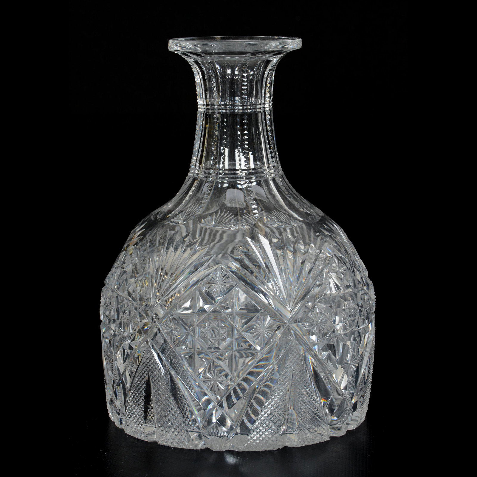 Water Carafe, ABCG, Venetian Pattern by Hawkes: Water Carafe, American Brilliant Cut Glass, Venetian Pattern by Hawkes, 7.5" x 5", Ray Cut Base, Patent 1890, The Ernest and Barbara Ramsay Collection