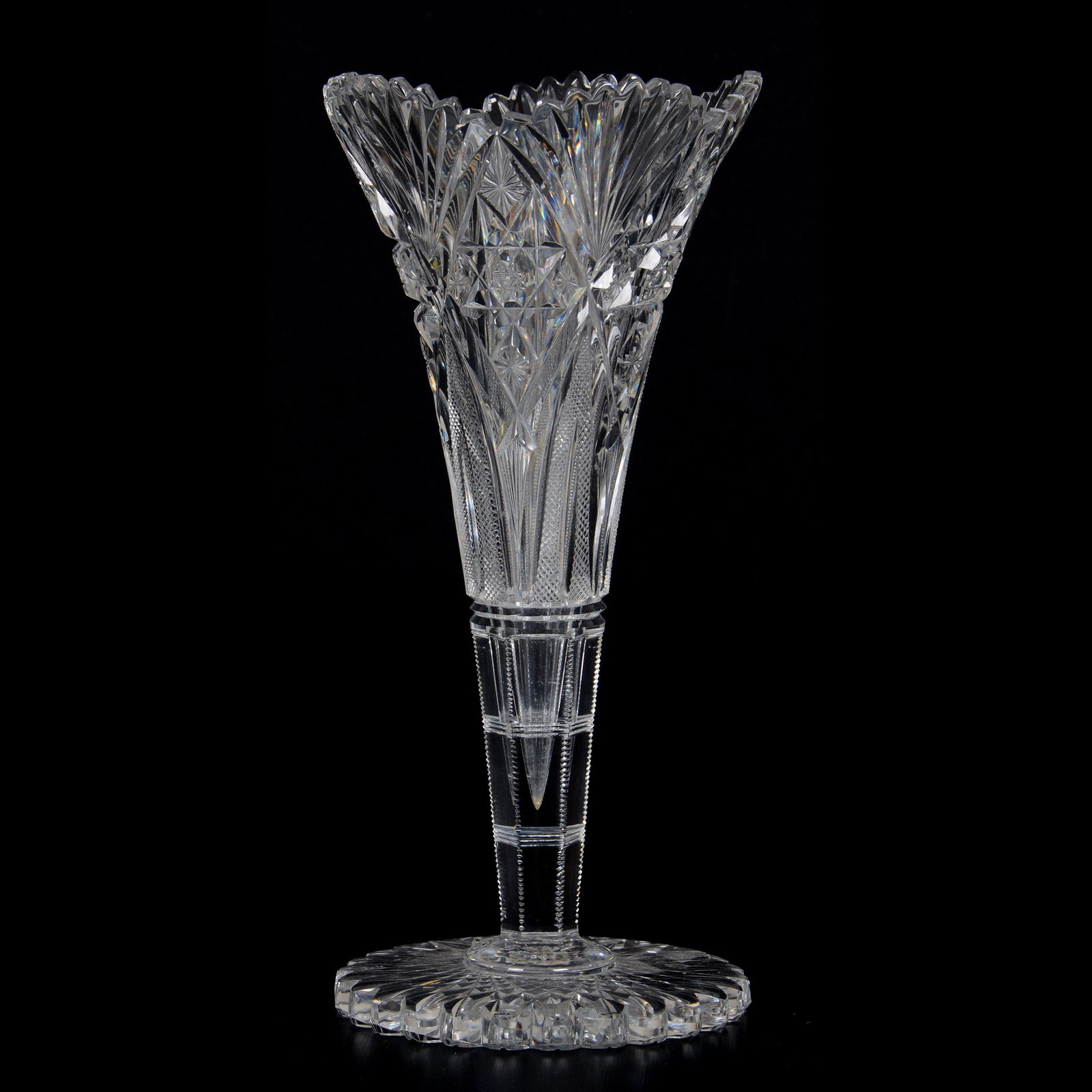 Trumpet Vase, ABCG, Venetian Pattern by Hawkes: Trumpet Vase, American Brilliant Cut Glass, Venetian Pattern by Hawkes, 13.75" x 6.25", Large Scalloped Hobstar Foot, Nearly Six Pounds Total Weight, Patent 1890, The Ernest and Barbara Ramsay Collect