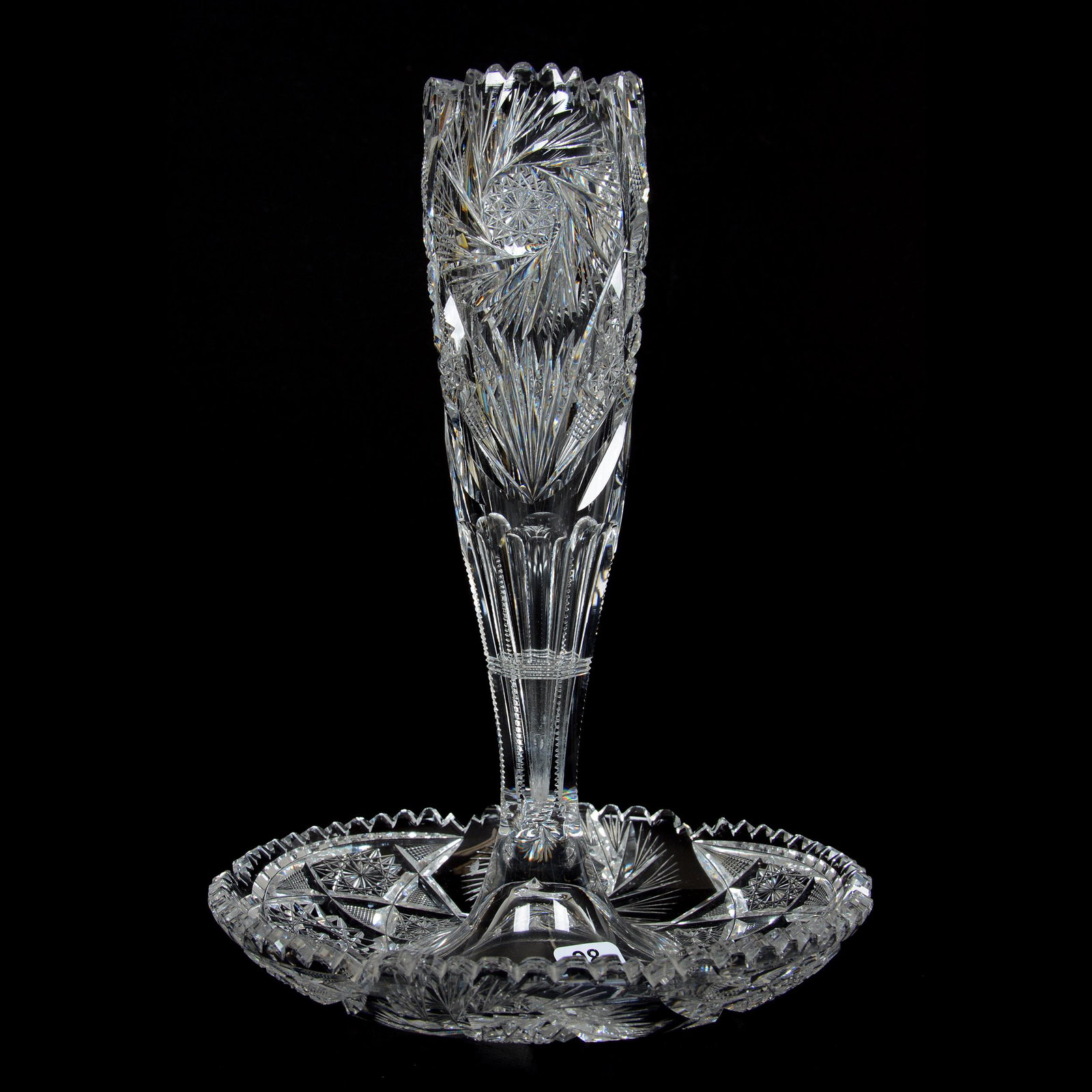 Single Lily Epergne, American Brilliant Cut Glass: Single Lily Epergne, American Brilliant Cut Glass, 11" x 8", Hobstar, Strawberry Diamond, Pinwheel and Fan Motif, One Pattern Chip, Clear Blank, Private Collection, NY