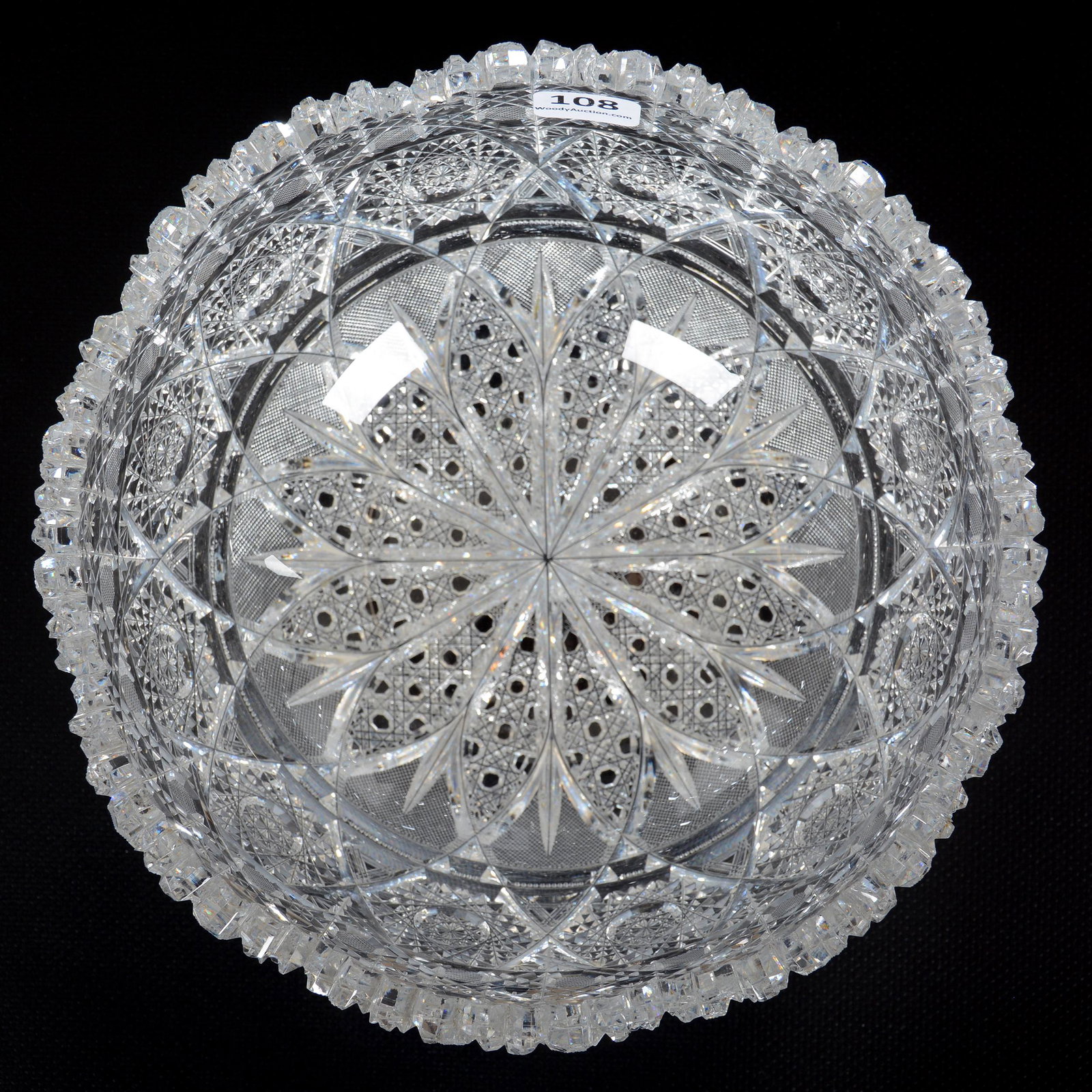 Bowl, ABCG, Rex Pattern Variation by Tuthill: Bowl, American Brilliant Cut Glass, Rex Pattern Variation by Tuthill, 4" x 8", Harvard Border Extension, Unique, From a Pacific Northwest Cut Glass Collection