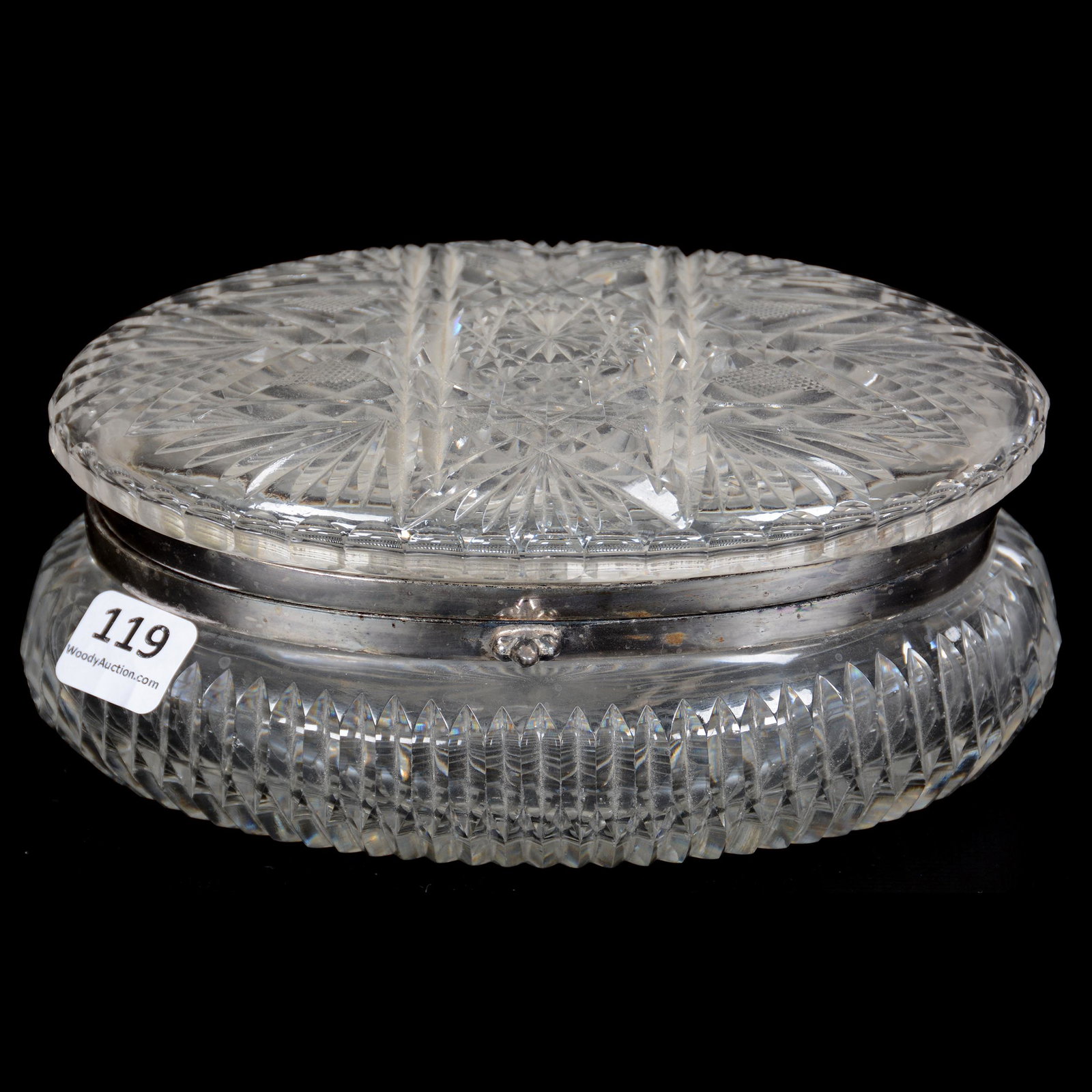 Jewel Box, Hinged, ABCG, Pearl Pattern by Pairpoint: Jewel Box, Hinged, American Brilliant Cut Glass, Pearl Pattern by Pairpoint, 3" x 6.75", Oval Shape, Vertical Notched Sides, Ray Cut Base, Silverplate Ring, Private Collection, NY