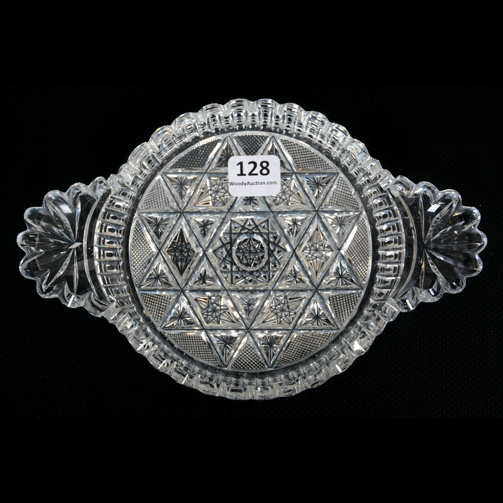 Round Lemon Slice Tray, Tab Handled, ABCG: Round Lemon Slice Tray, Tab Handled, American Brilliant Cut Glass, 1.25" x 7.5", Modified Hobstar Center with Prism and Ray Cut Border, Private Collection