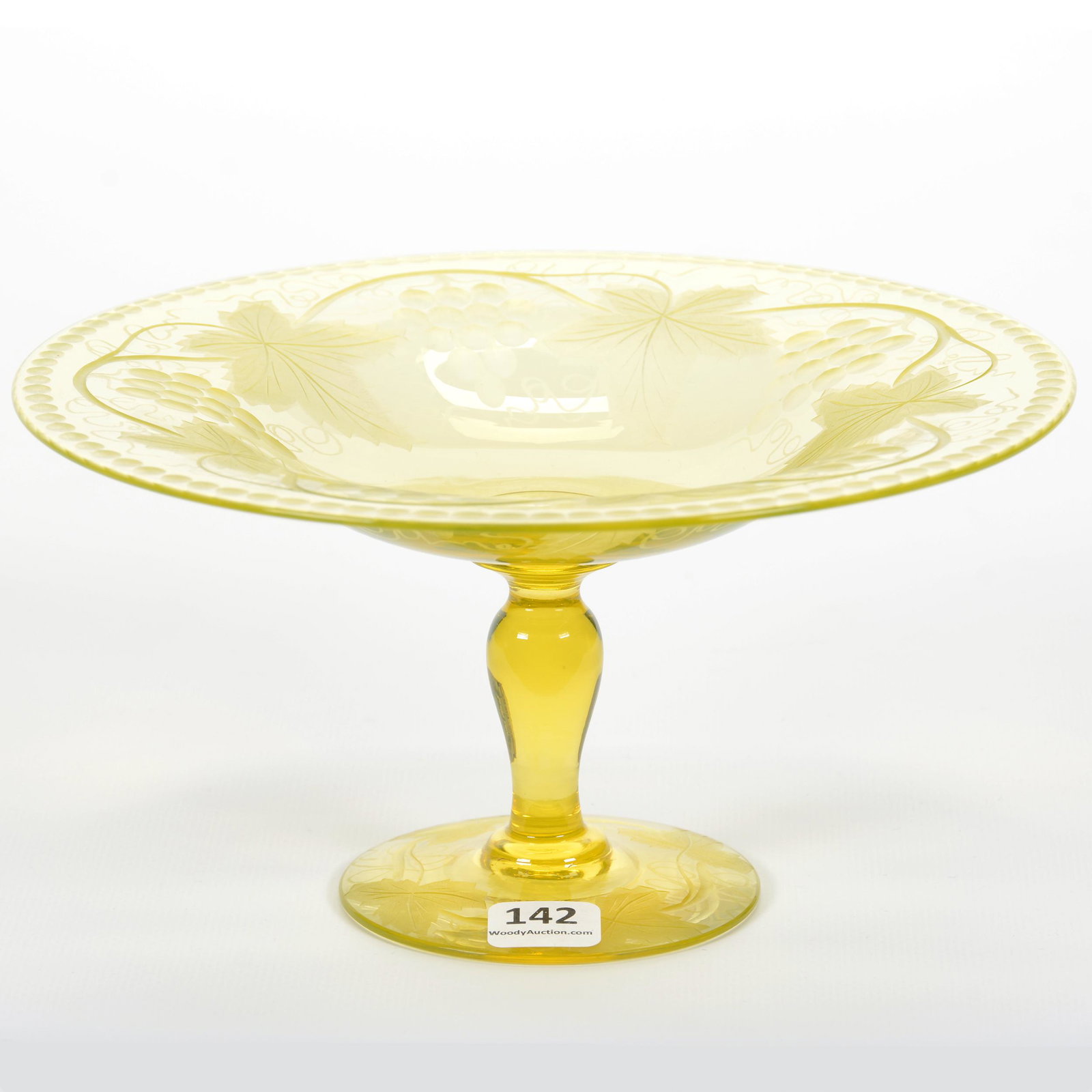 Compote, Solid Vaseline Glass by Pairpoint: Compote, Solid Vaseline Glass by Pairpoint, 4.25" x 8.25", Engraved Vintage with Pattern Engraved Foot, The Ernest and Barbara Ramsay Collection