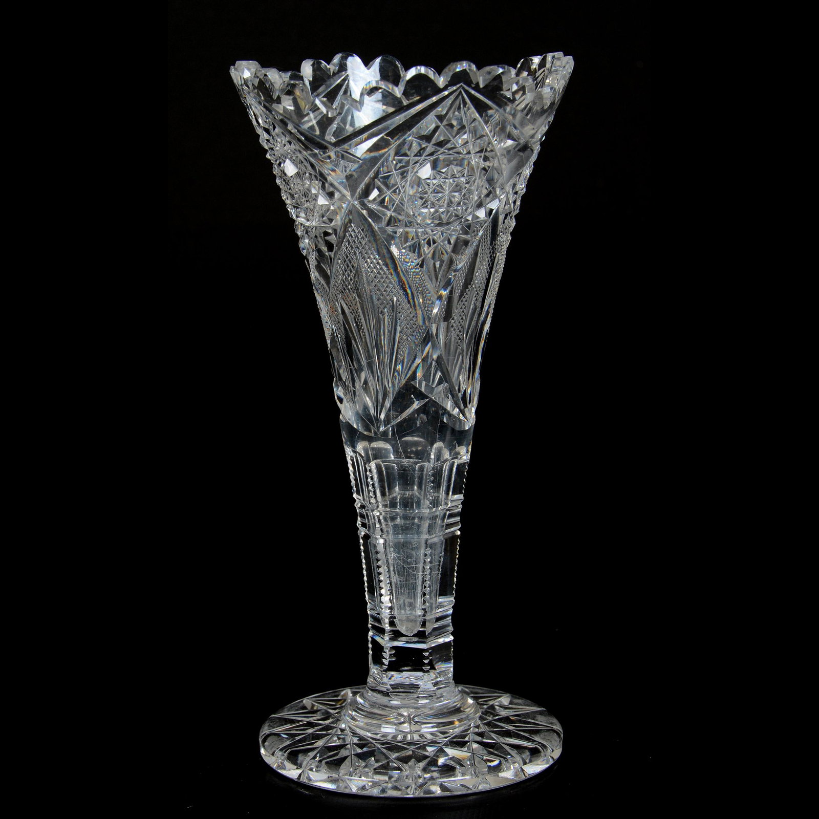 Trumpet Vase, ABCG, Lotus Pattern by Egginton: Trumpet Vase, American Brilliant Cut Glass, Lotus Pattern by Egginton, 8" x 3.75", Hobstar Foot, The Ernest and Barbara Ramsay Collection