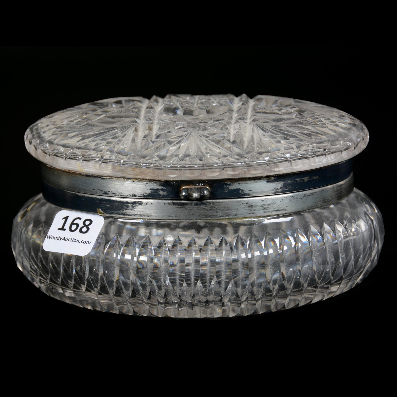 Jewel Box, Hinged, ABCG, Pearl Pattern by Pairpoint: Jewel Box, Hinged, American Brilliant Cut Glass, Pearl Pattern by Pairpoint, 3" x 5.75", Oval Shape, Silverplate Ring Needs Replated, Private Collection, NY