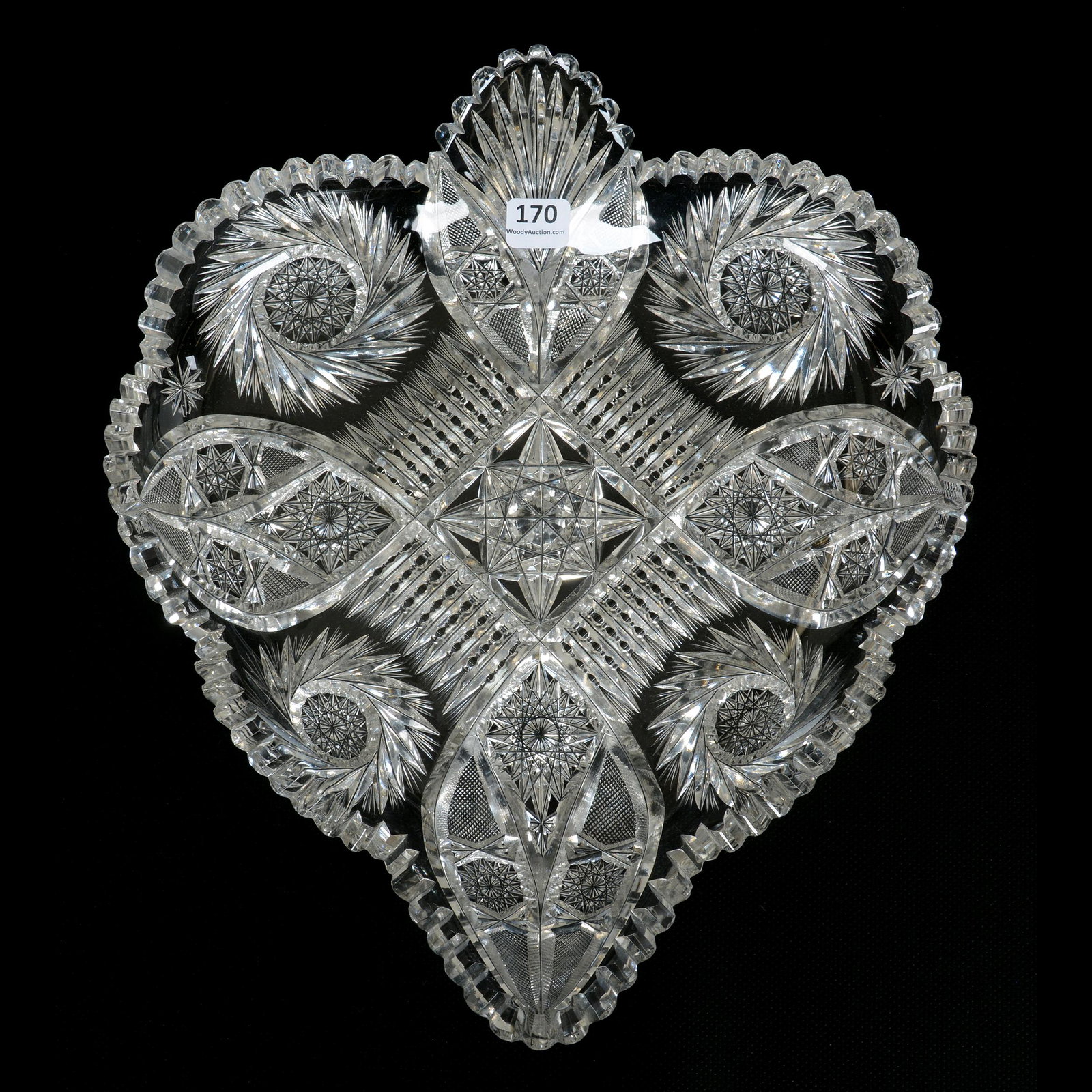 Tray, Heart Shape, ABCG, Signed Pitkin & Brooks: Tray, Heart Shape, American Brilliant Cut Glass, Signed Pitkin & Brooks, 13.25" x 11.5", Trojan Pattern, Private Collection
