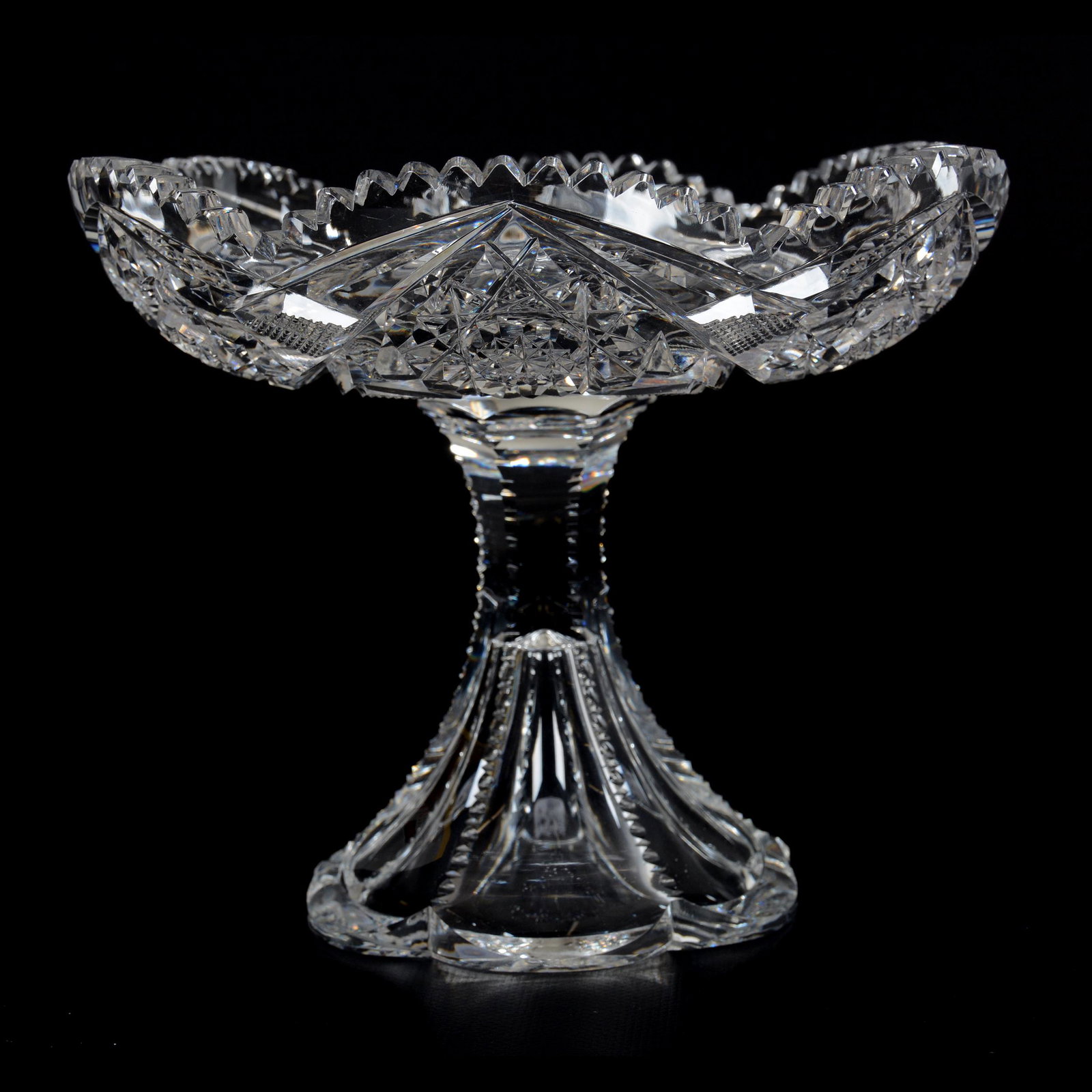 Compote, ABCG, Signed Fry: Compote, American Brilliant Cut Glass, Signed Fry, 6.75" x 8", Hobstar and Strawberry Diamond Motif, Scalloped Petticoat Base, Clear Blank, Private Collection, NY