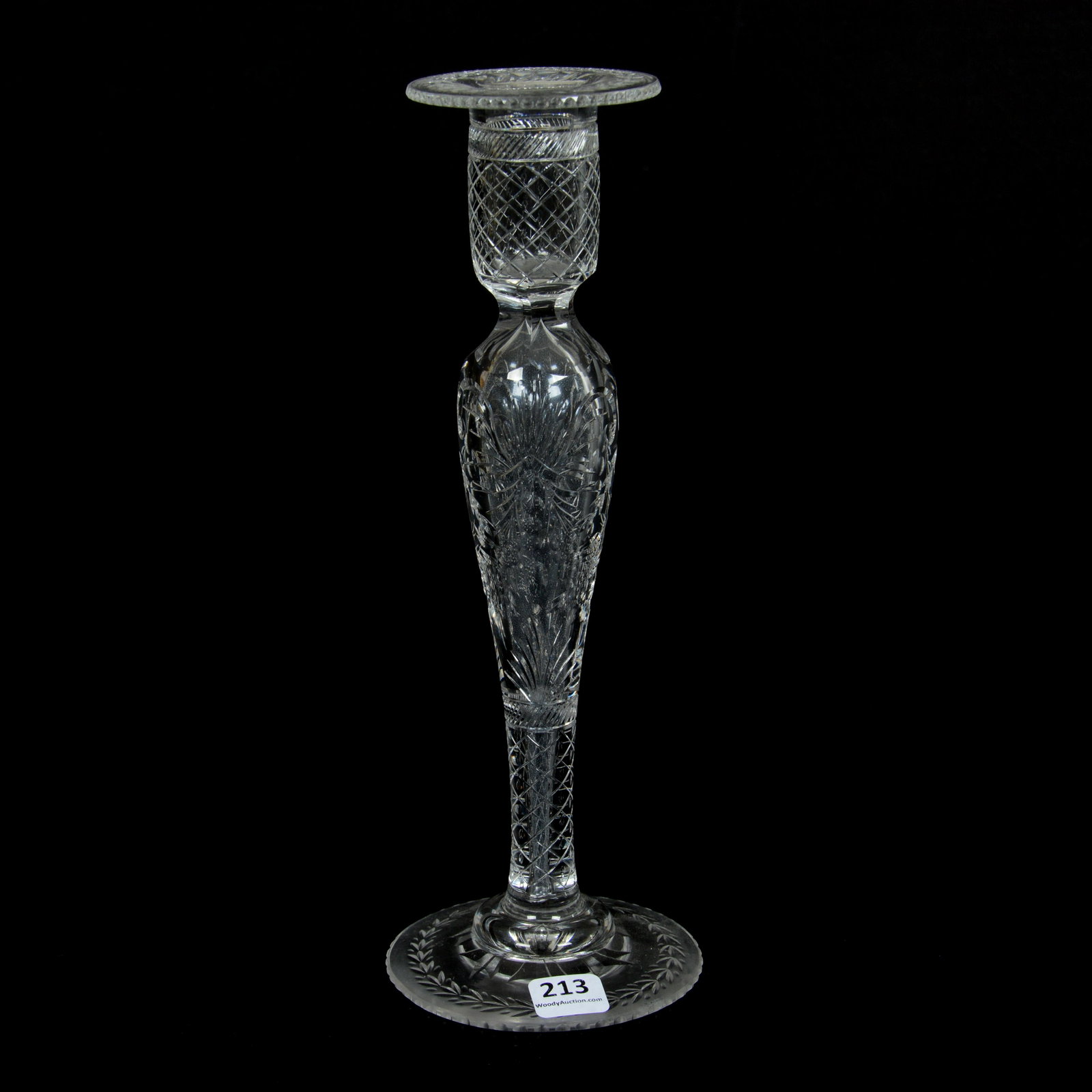 Candlestick, ABCG, Attributed to Pairpoint: Candlestick, American Brilliant Cut Glass, Attributed to Pairpoint, 10.75", Engraved Floral Garland Motif, Lattice Highlights, The Ernest and Barbara Ramsay Collection