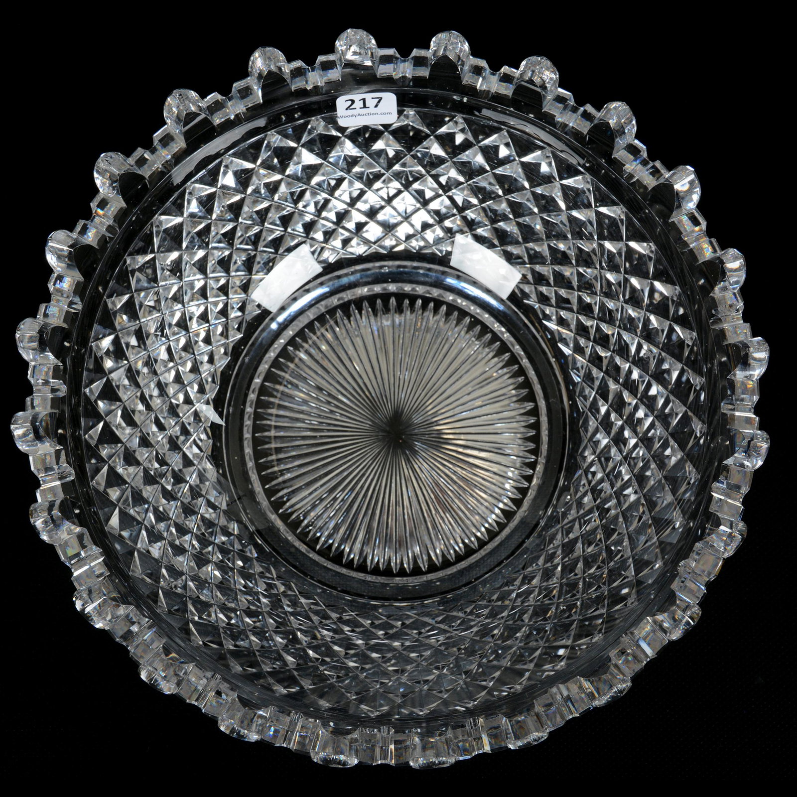 Bowl, Brilliant Period Cut Glass: Bowl, BPCG, 4.25" x 10", Ray Cut Center with Extremely Sharp Diamond Cut Body, Deep Castellated Rim, One Tooth Chip, One Valley Chip, Exceptionally Clear Blank, Bowl Does Fluoresce under Black Light, 