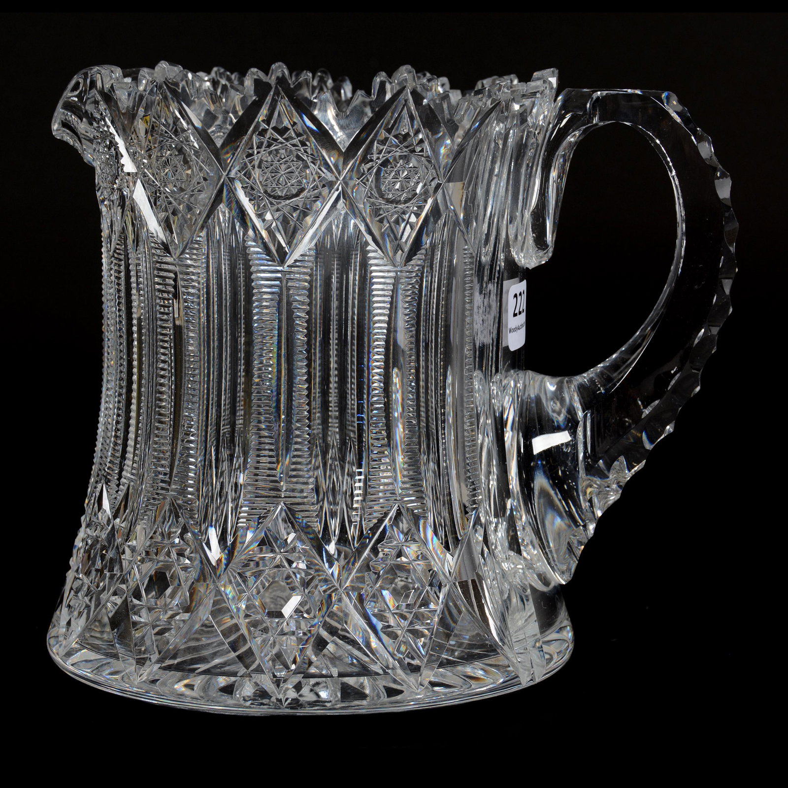 Cider Pitcher, ABCG, Signed Hawkes Brunswick Pattern: Cider Pitcher, American Brilliant Cut Glass, Signed Hawkes Brunswick Pattern, 6.25", Triple Notched Handle, Ray Cut Base, Probable Spout Trim, The Ernest and Barbara Ramsay Collection