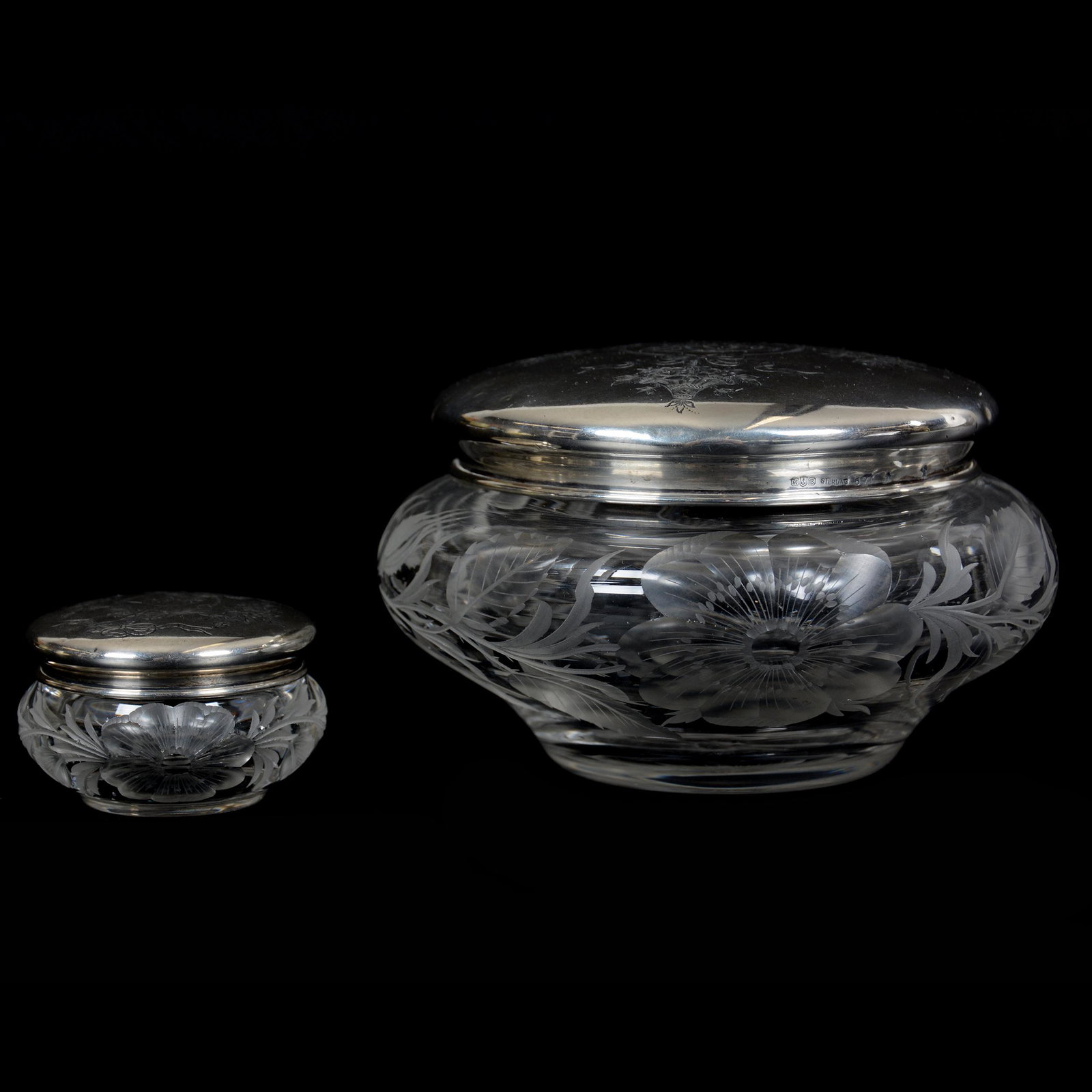 Powder Box & Pill Box, ABCG, by Tuthill: Powder Box & Pill Box, American Brilliant Cut Glass, by Tuthill, Engraved Wild Rose Pattern, Matching Gorham Sterling Silver Lids with Floral Design and Monogram, (1) 3.25" x 5.25" Powder Box, (1) 1.5