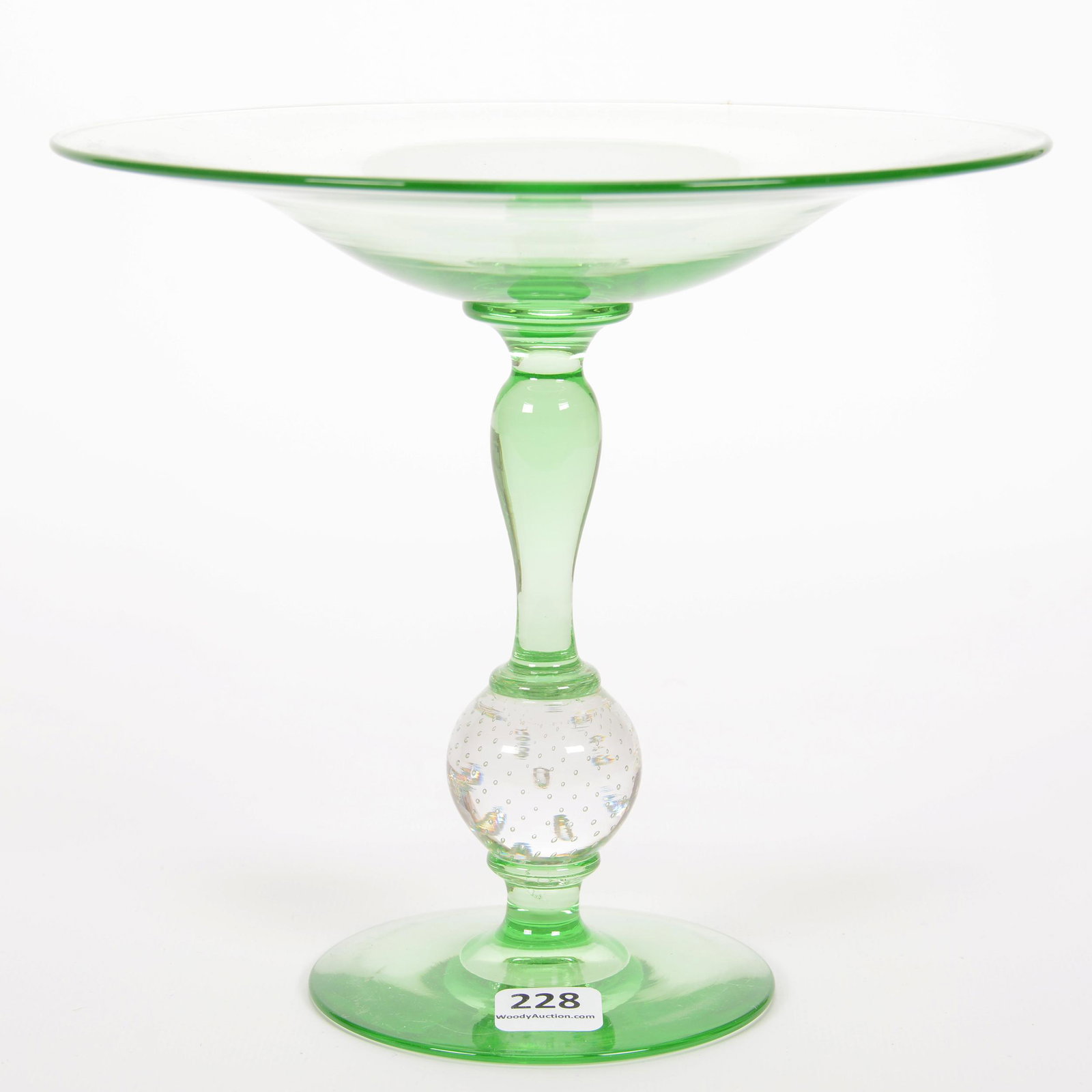 Compote by Pairpoint, Apple Green Vaseline Bowl/Foot: Compote by Pairpoint, Apple Green Vaseline Bowl/Foot, 7.25" x 8", Clear Controlled Bubble Stem, The Ernest and Barbara Ramsay Collection