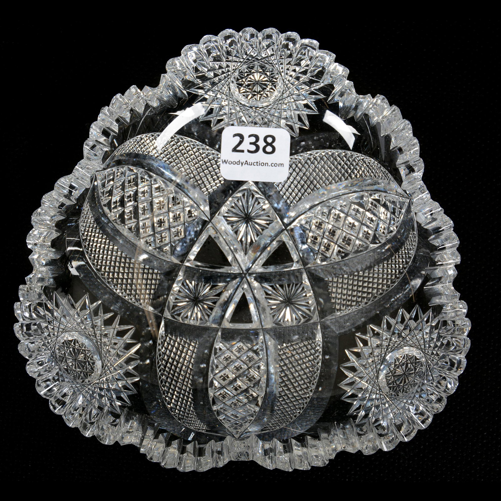 Nappy, American Brilliant Cut Glass, Tri-Corner: Nappy, American Brilliant Cut Glass, Tri-Corner, 5.5", Hobstar, Vesica, Strawberry Diamond, Crosscut Diamond and Star Motif, Clear Blank, The Ernest and Barbara Ramsay Collection