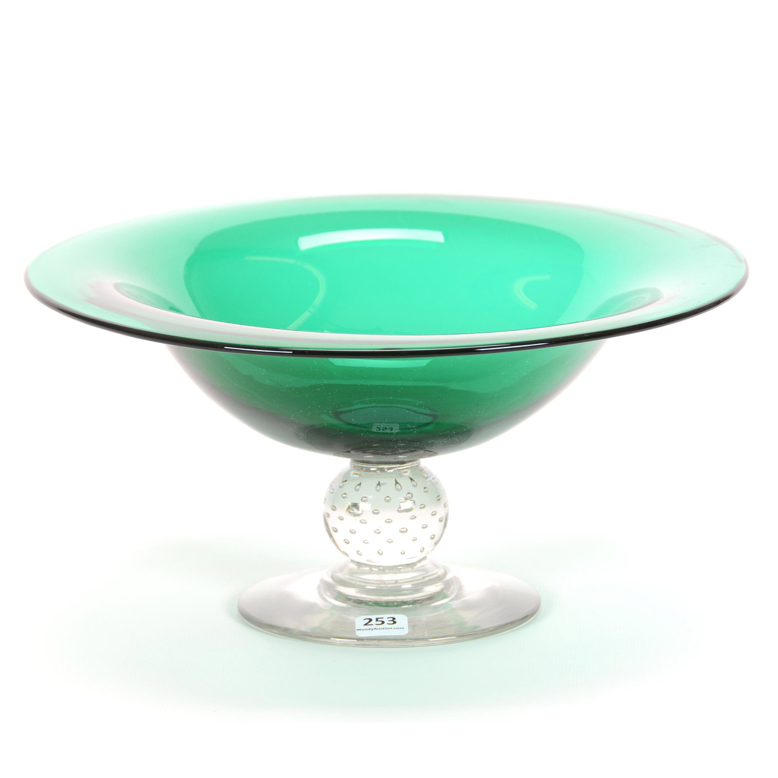 Compote by Pairpoint, Solid Emerald Green Bowl: Compote by Pairpoint, Solid Emerald Green Bowl, 5.75" x 12", Clear Controlled Bubble Stem, Polished Pontil Foot, The Ernest and Barbara Ramsay Collection