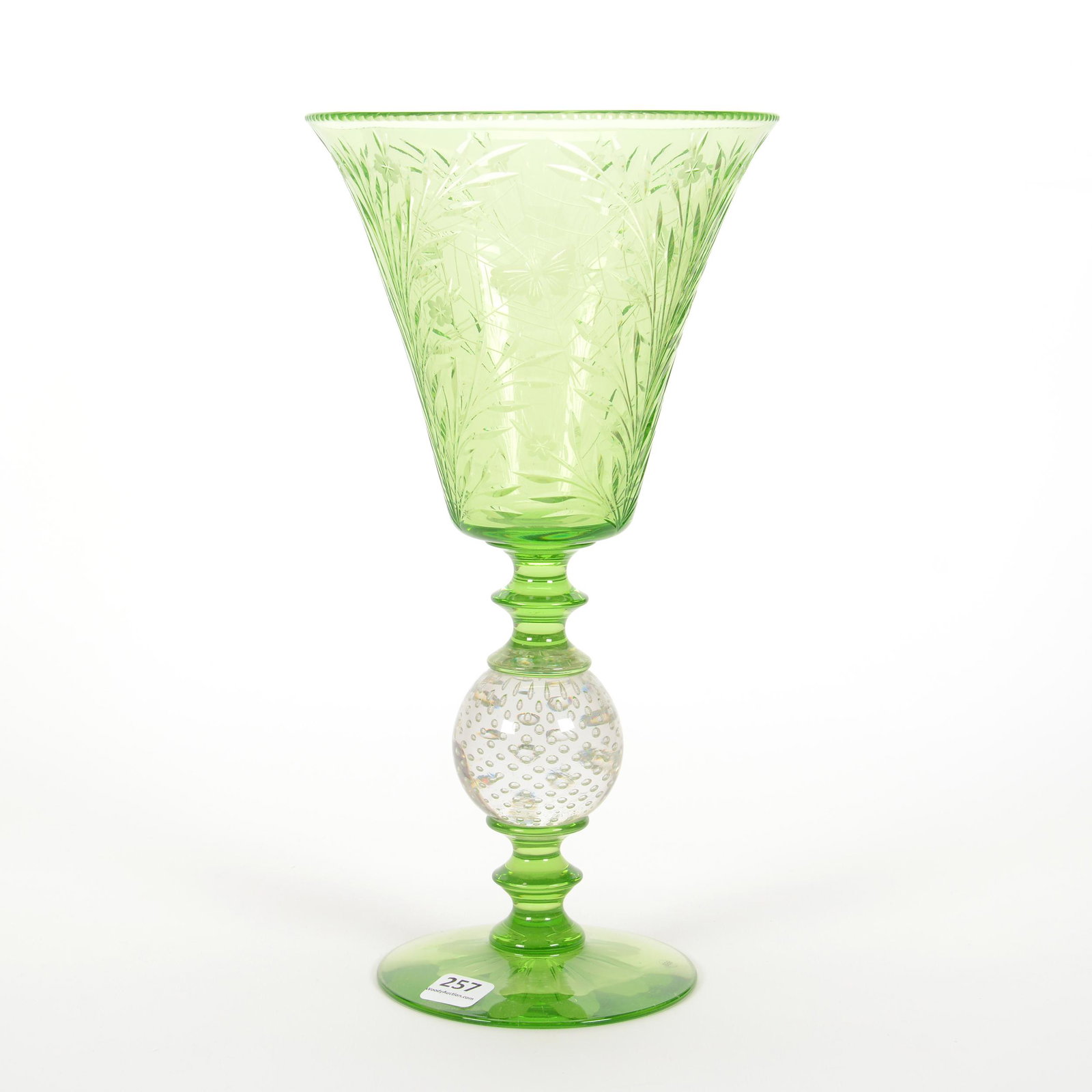 Vase, ABCG, Colias Pattern by Pairpoint: Vase, American Brilliant Cut Glass, Colias Pattern by Pairpoint, 11.75" x 6.25", Clear Controlled Bubble Stem with Engraved Apple Green Vaseline Vase and Foot, The Ernest and Barbara Ramsay Collection