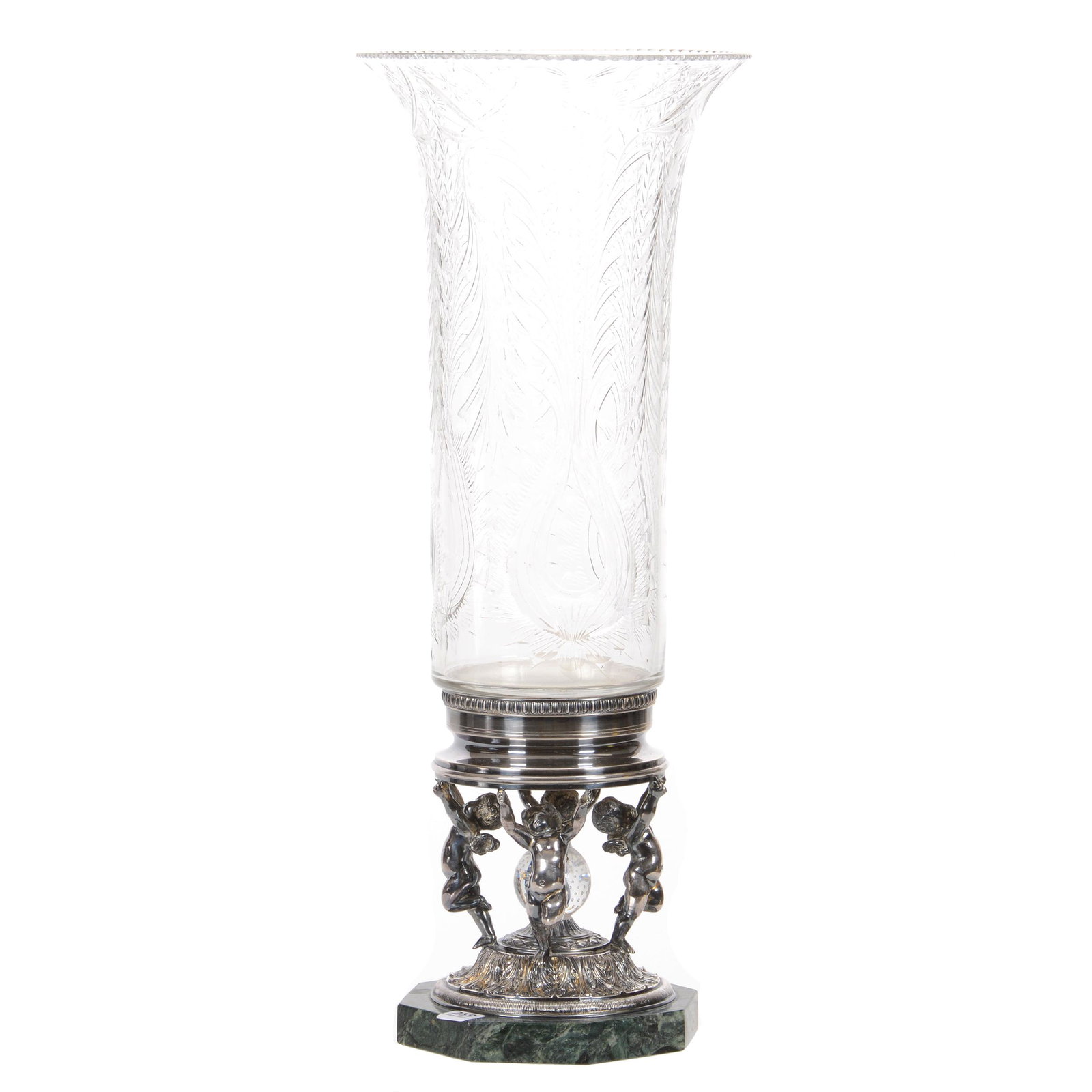 Vase by Pairpoint: Vase by Pairpoint, 20.5" x 8", Elaborate Figural Silverplate Cherubs with Controlled Bubble Ball Center on Green Marble Base Holding Clear Engraved Floral Vase, Silverplate is Marked Pairpoint C1518, 