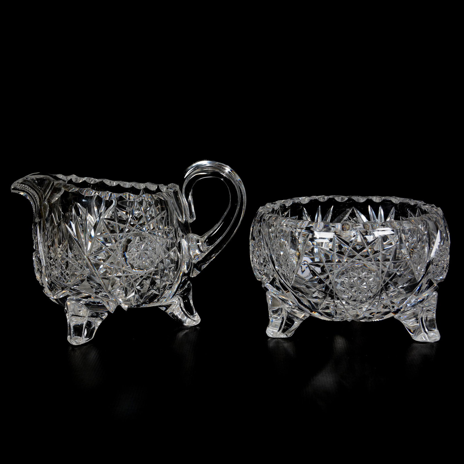 Creamer & Sugar Set, ABCG, Three Footed: Creamer & Sugar Set, American Brilliant Cut Glass, Three Footed, 4", Hobstar, Vesica and Fan Motif, The Ernest and Barbara Ramsay Collection
