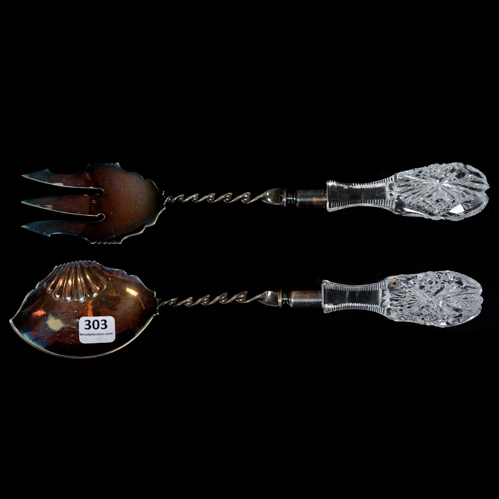 Salad Fork & Spoon, ABCG, Venetian by Hawkes: Salad Fork & Spoon, American Brilliant Cut Glass, Venetian by Hawkes, 11.5", Silverplate Marked Gorham #1109, The Ernest and Barbara Ramsay Collection