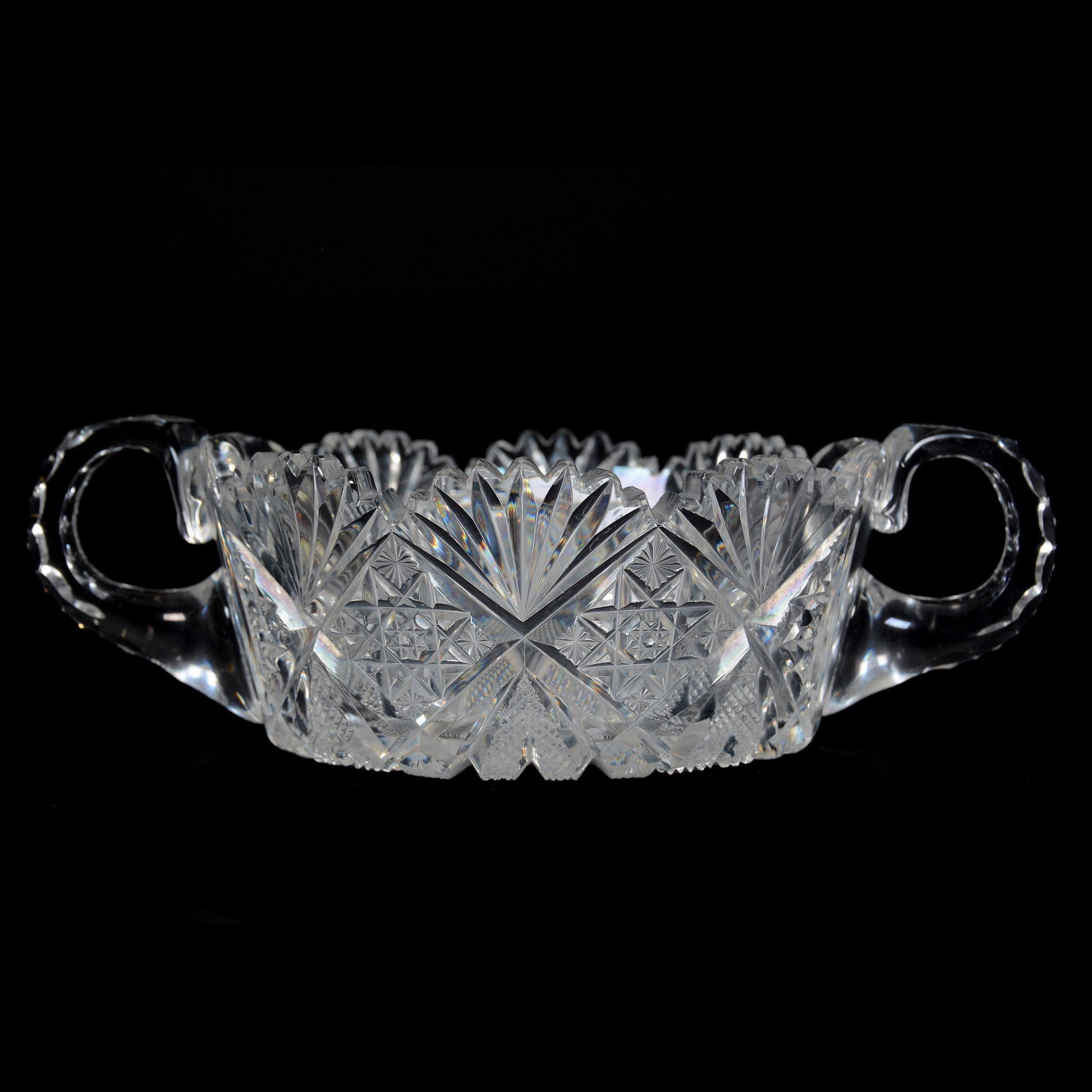 Open Butter Tub, ABCG, Venetian Pattern by Hawkes: Open Butter Tub, American Brilliant Cut Glass, Venetian Pattern by Hawkes, 2.5" x 8.5", Two Handles, Pattern Patent 1890, The Ernest and Barbara Ramsay Collection