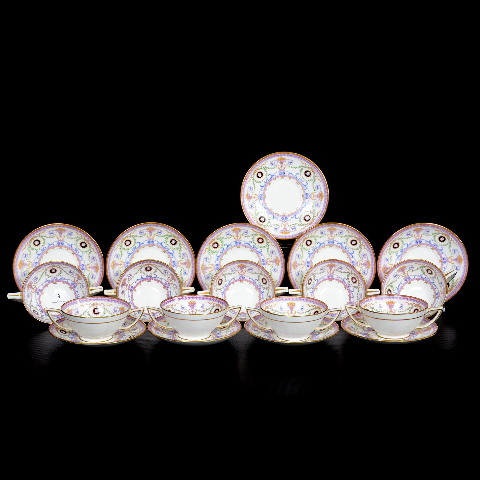 (9) Boullion Cups/Saucers Marked Minton: (9) Boullion Cups/Saucers Marked Minton, 2.25" x 5.75", White with Scroll, Colorful Floral and Medallion Decor, also Marked Bailey Banks and Biddle (Jewelers), Selling with One Extra Saucer, Private C