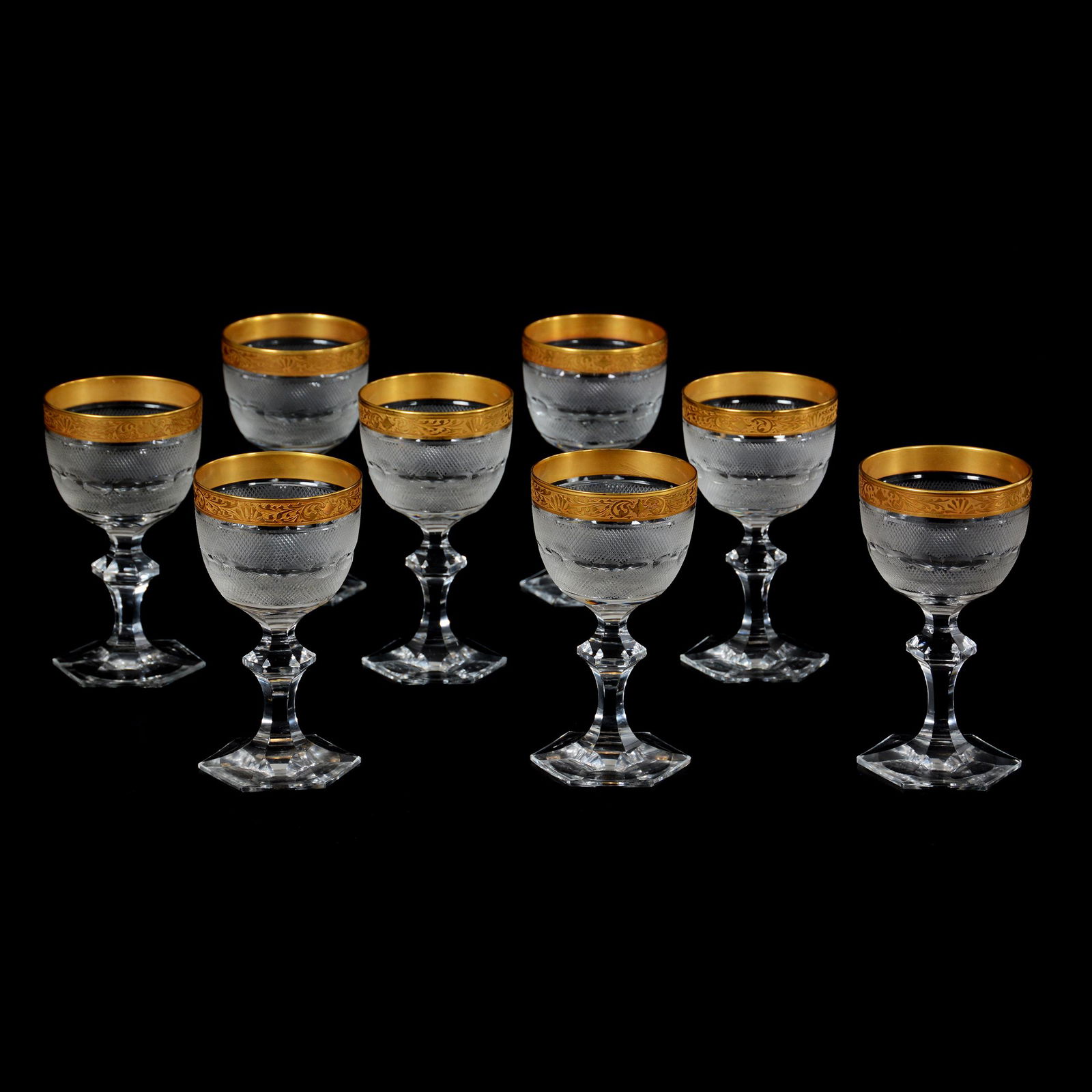 (8) Wine Stems, Splendid Pattern by Moser: (8) Wine Stems, Splendid Pattern by Moser, 5.75" x 3", Beautiful Brocaded Gold Border, Extra Nice Set, Private Collection, PA