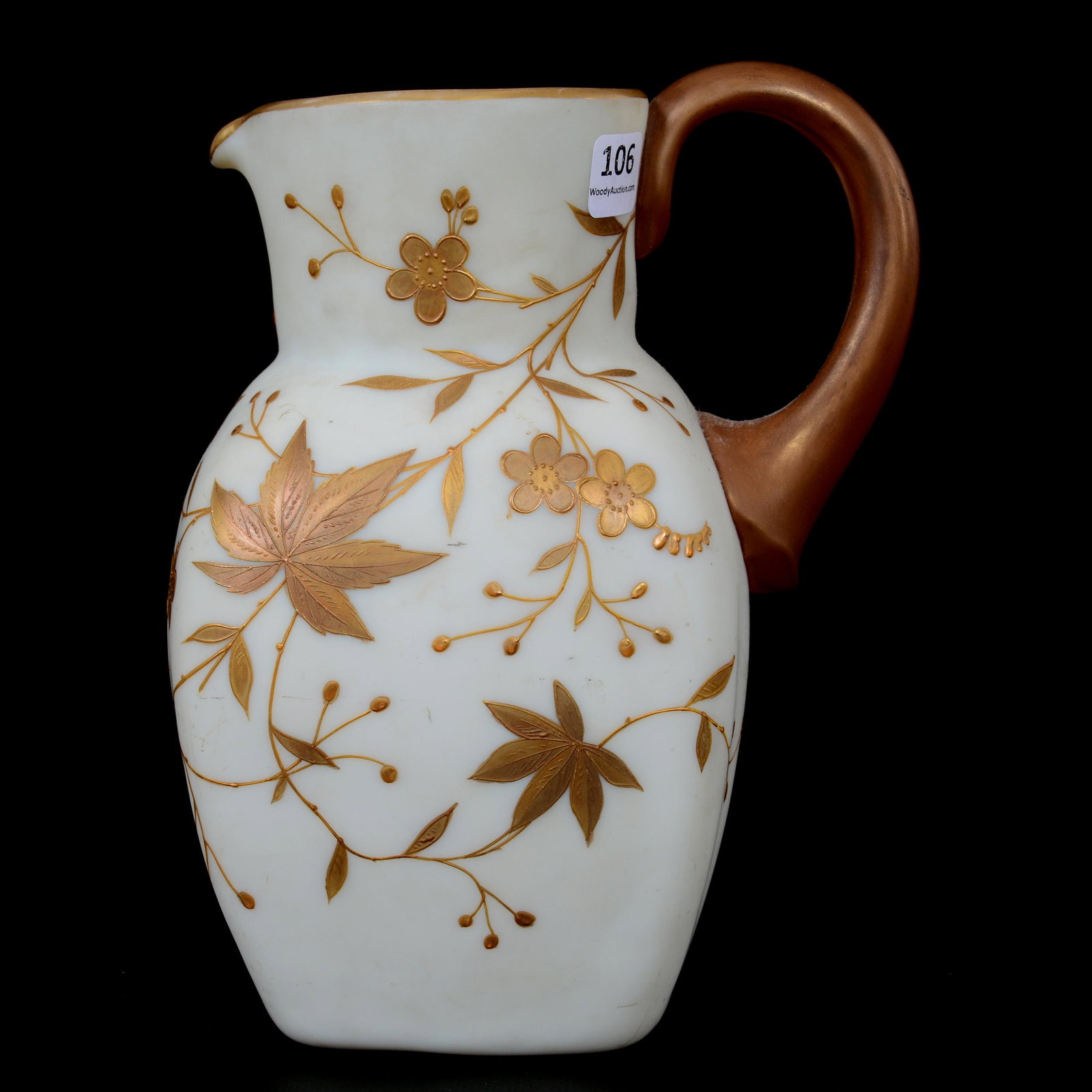 Pitcher, Unmarked Webb Cream Satin Art Glass: Pitcher, Unmarked Webb Cream Satin Art Glass, 8.5" x 6", Enamel Gold Branch and Blossom Decor, Private Collection, OH
