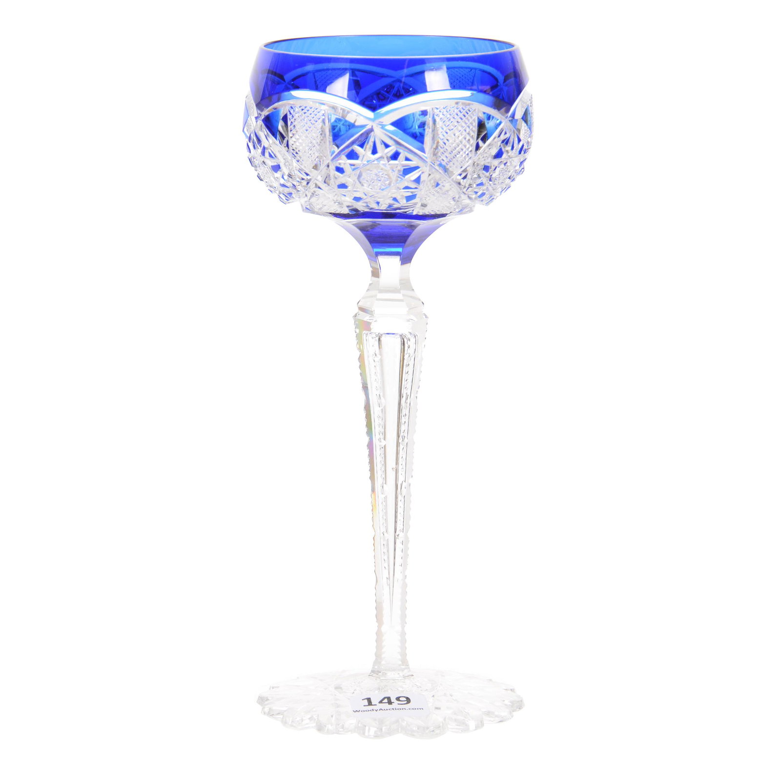 Wine Stem, Brilliant Period Cut Glass, Royal Blue Cut: Wine Stem, Brilliant Period Cut Glass, Royal Blue Cut to Clear, 7.75", Saarbrucken Pattern by Val St. Lambert, Notched Stem, Scalloped Hobstar Foot, Small Rim Nick, Private Collection, Florida, Privat