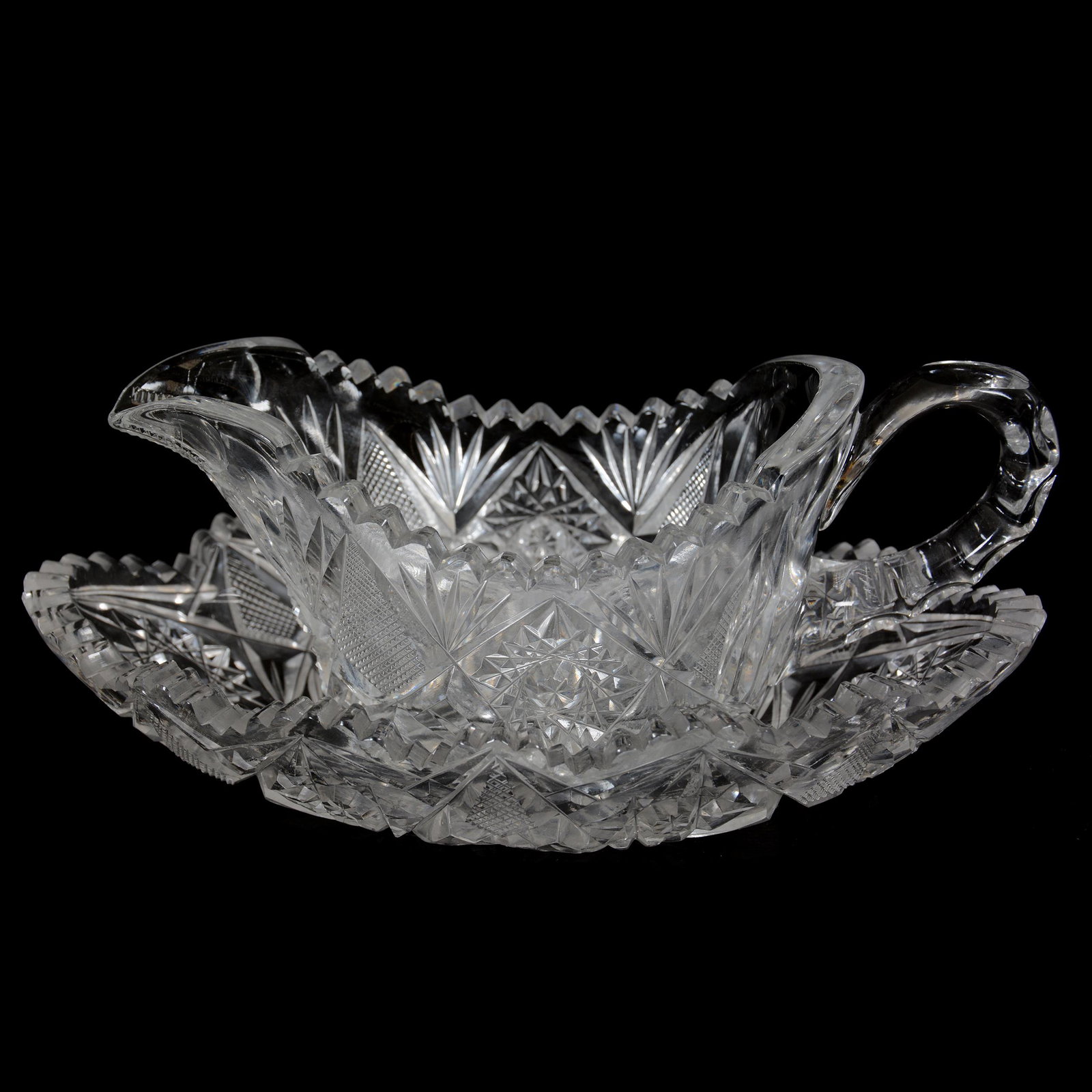 Gravy Boat/Underplate, American Brilliant Cut Glass: Gravy Boat/Underplate, American Brilliant Cut Glass, 3.25" x 8", Hobstar, Strawberry Diamond and Fan Motif, Ray Cut Base, The Doyle and Mary Jane Fair Collection, KS
