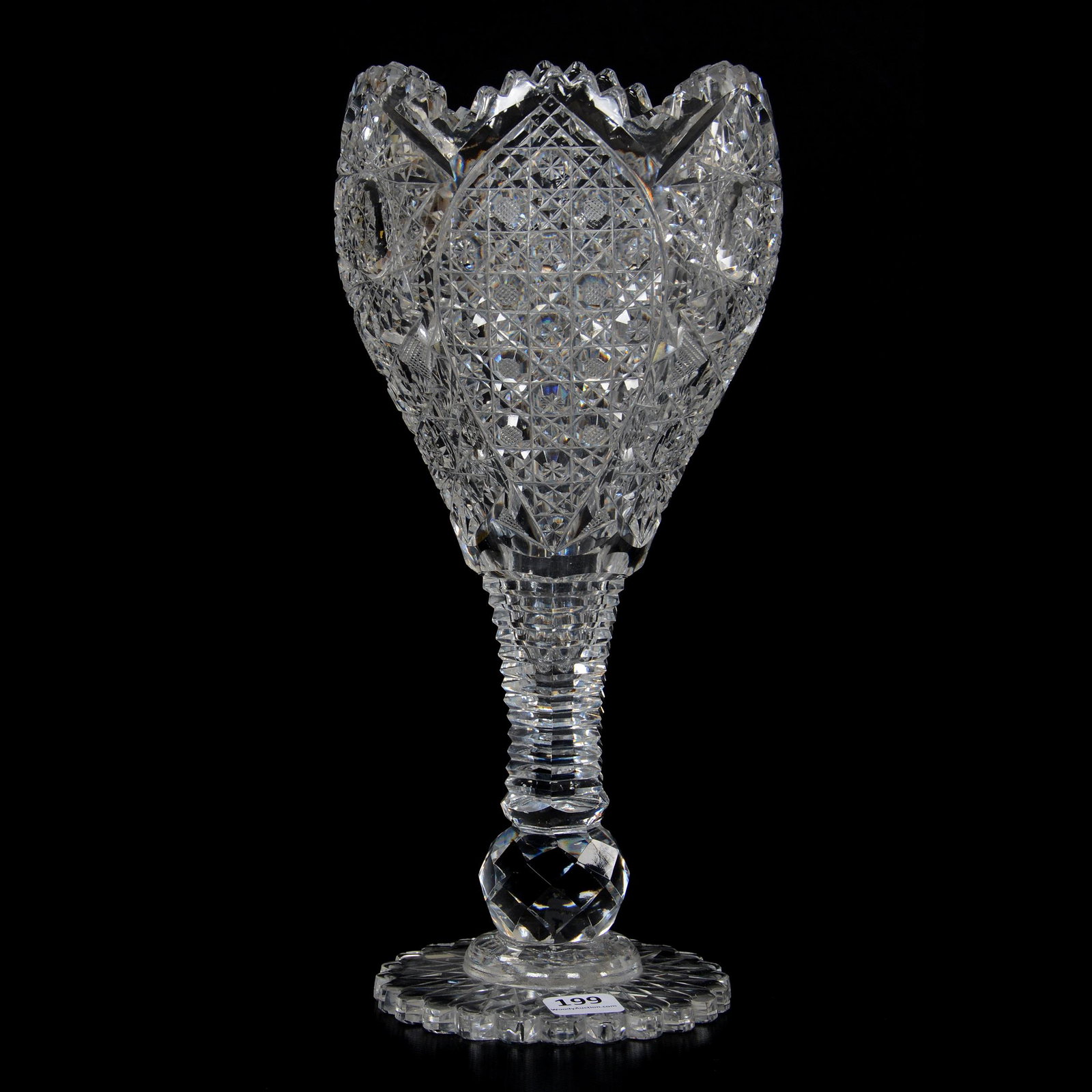 Chalice Vase, American Brilliant Cut Glass: Chalice Vase, American Brilliant Cut Glass, 7.25" x 5", Hobstar, Strawberry Diamond and Harvard Motif, Step Cut Stem & Facet Cut Ball Stem, Scalloped Hobstar Foot, One Scallop has Fan Shaped Chip on B