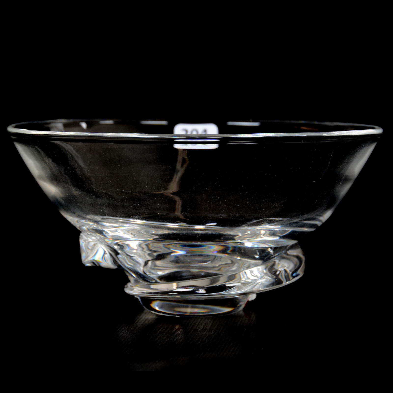 Bowl Signed Steuben, Clear Crystal: Bowl Signed Steuben, Clear Crystal, 3.5" x 6.75", Two Applied "Tadpole" Swirls, One Tail has 0.25" Chip, Private Collection, PA
