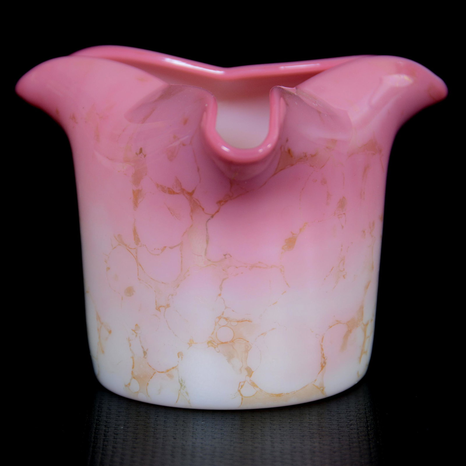 Toothpick Holder, New England Pink Agata Art Glass: Toothpick Holder, New England Pink Agata Art Glass, 2" x 2.75", Tri-Corner, Hard to See Base Chip, The Doyle and Mary Jane Fair Collection, KS