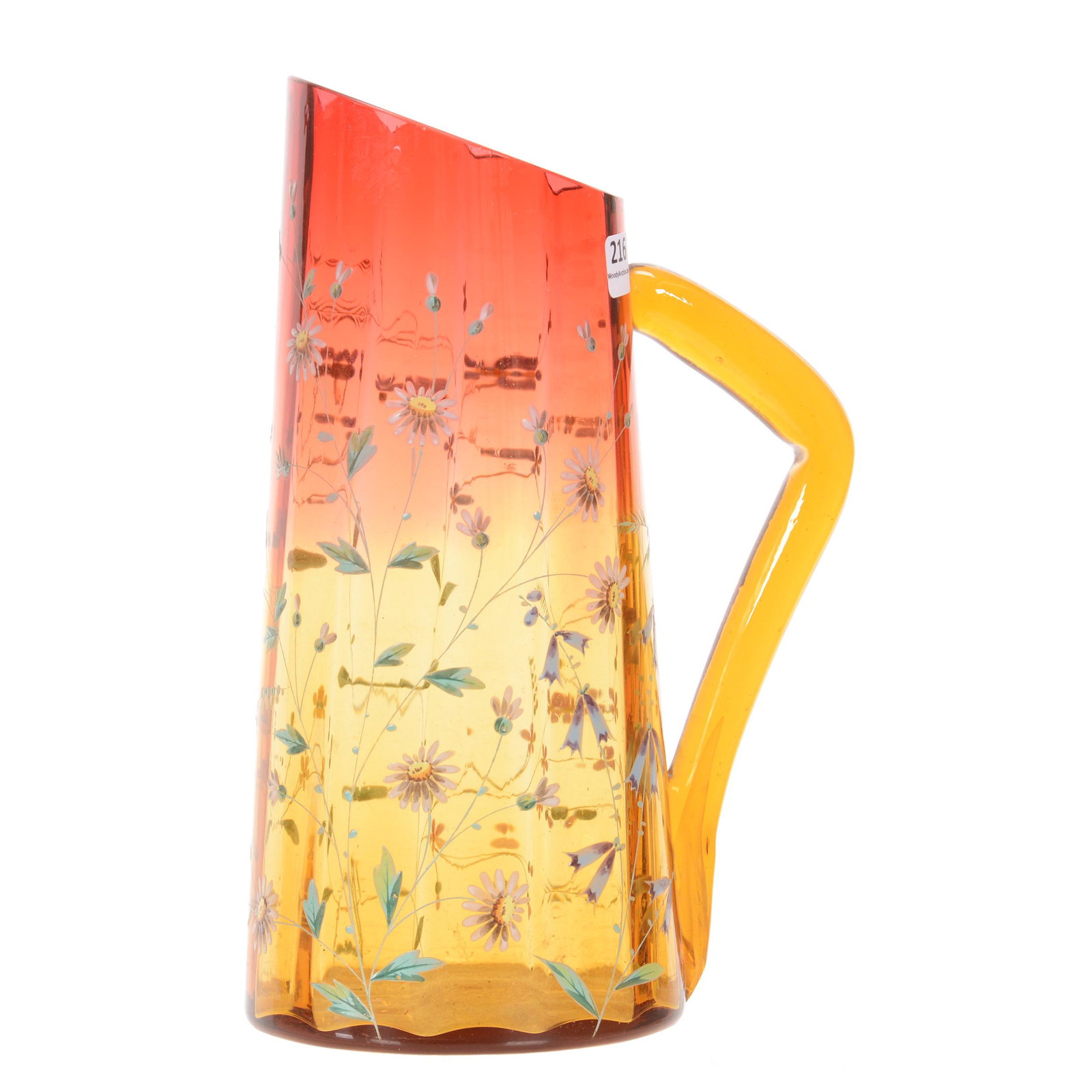 Pitcher, Amberina Optic Rib Art Glass: Pitcher, Amberina Optic Rib Art Glass, 10.75" x 7", Amber Applied Handle, Slanted Spout, Colorful Enamel Floral Decor, Private Collection, OH