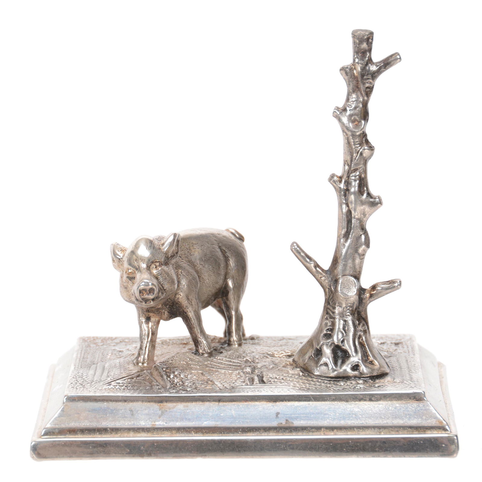 Victorian Silverplate Ring Tree: Victorian Silverplate Ring Tree, 3.75" x 3.75", Marked Pairpoint #928, Full Figure Wild Boar Standing near Tree, Private Collection, OH