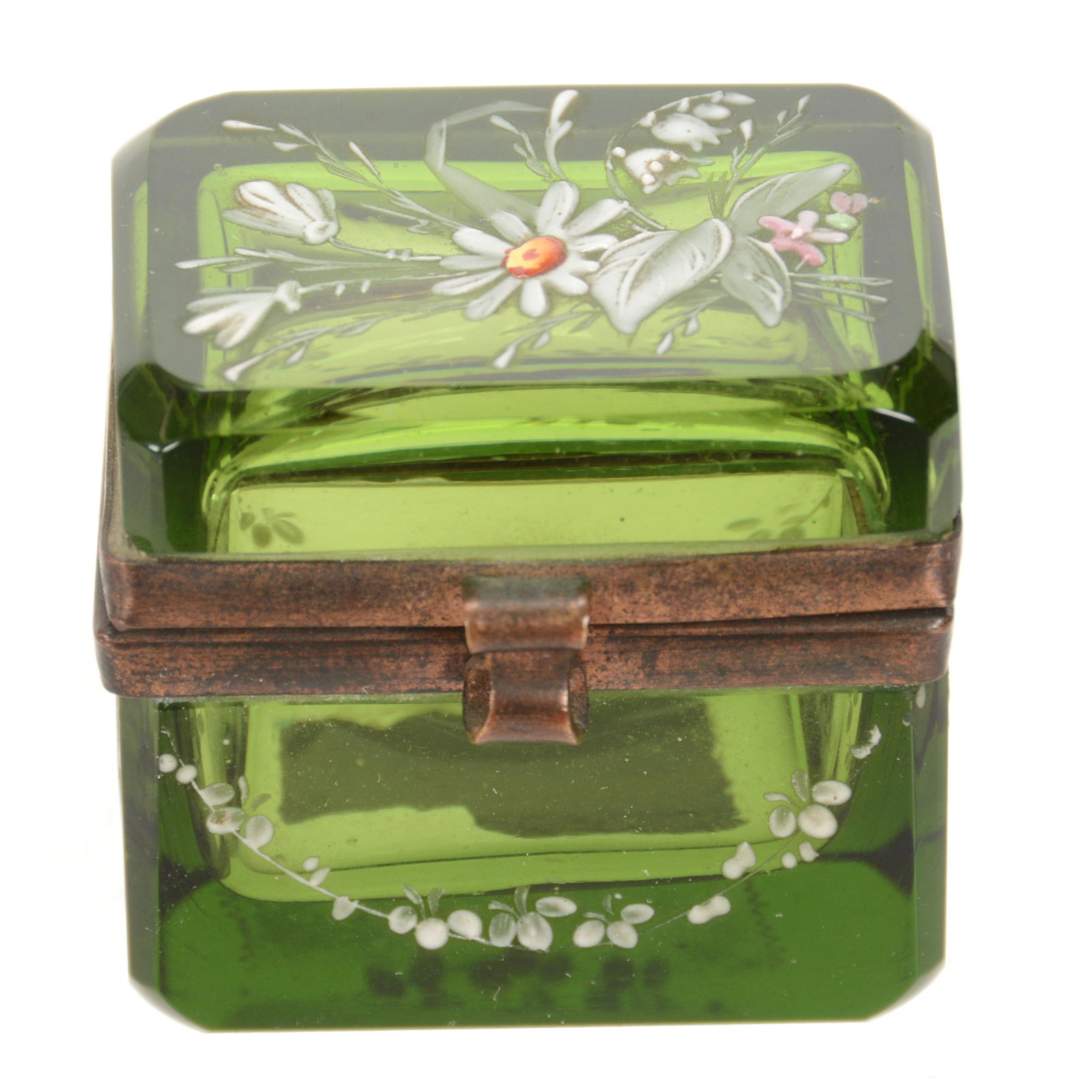 Pill Box, Casket Shaped, Green Art Glass: Pill Box, Casket Shaped, Green Art Glass, 1.5" x 1.75" x 1.25", Enamel Floral Decor, Gilded Metal Fittings, Nice Size, Private Collection, OH
