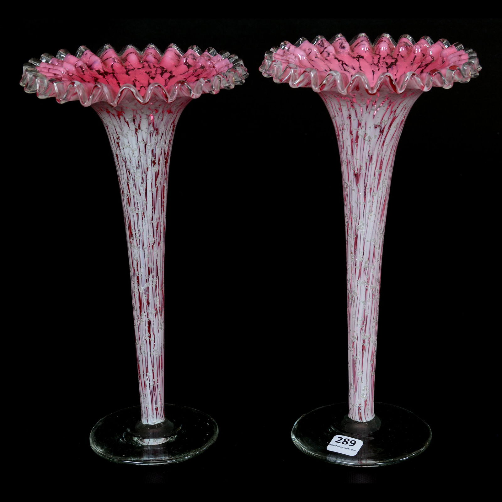 Pair Trumpet Vases, Pink and White Spatter Art Glass (1 of 3)