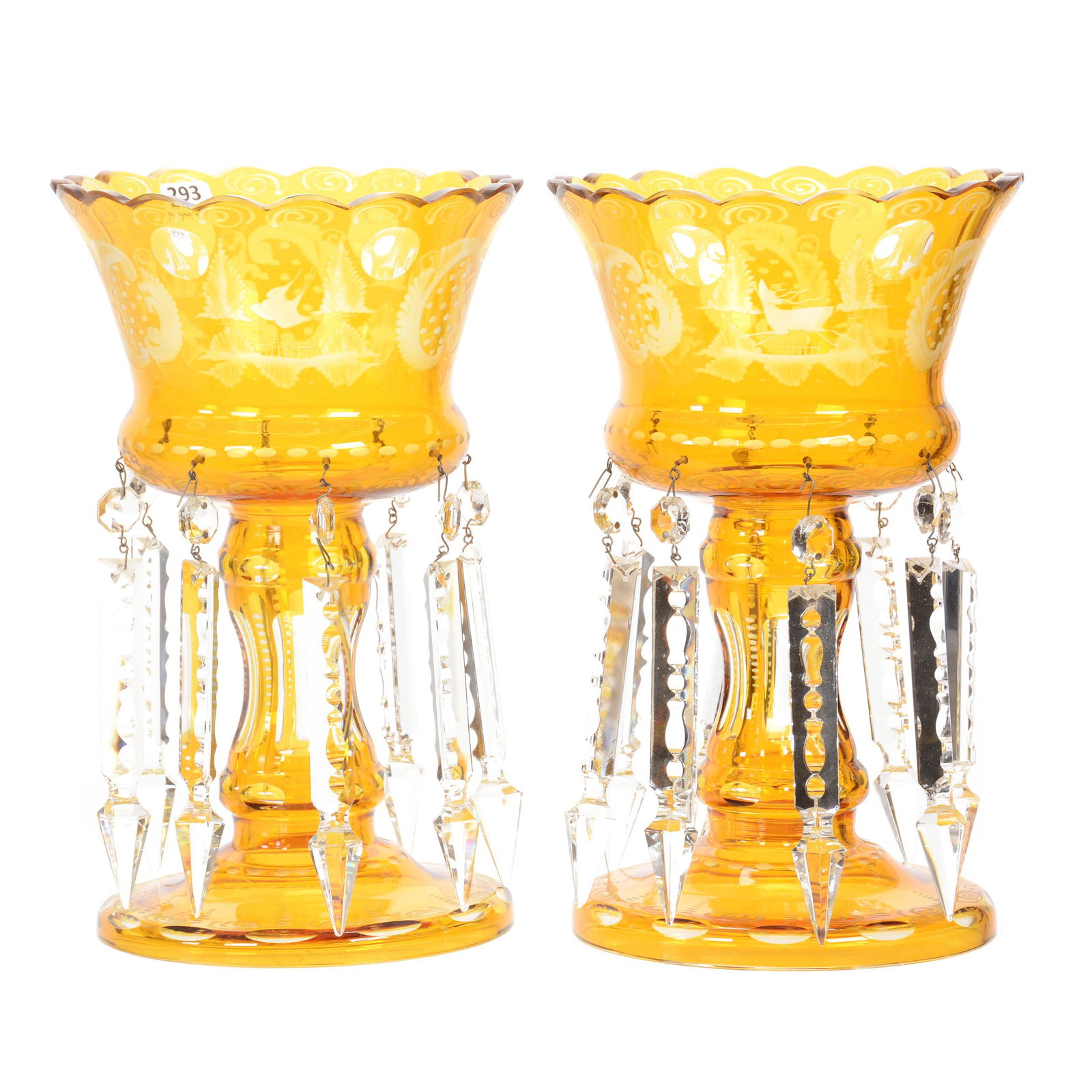 Pair Candle Lustre, Bohemian Amber Engraved to Clear (1 of 3)