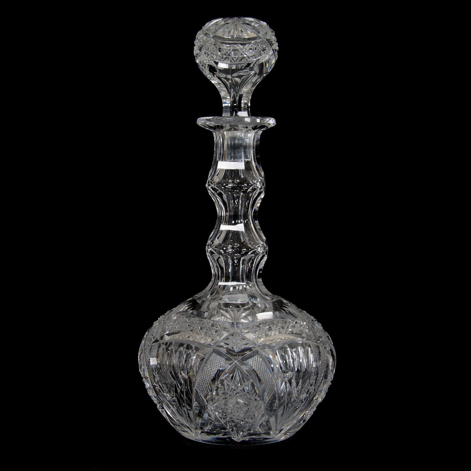 Decanter, American Brilliant Cut Glass: Decanter, American Brilliant Cut Glass, 12" x 5.5", Hobstar, Cane, Strawberry Diamond, Thumbprint and Fan Motif, Pattern Cut Stopper, Double Goose Neck, Small Base Chip, Private Collection, PA