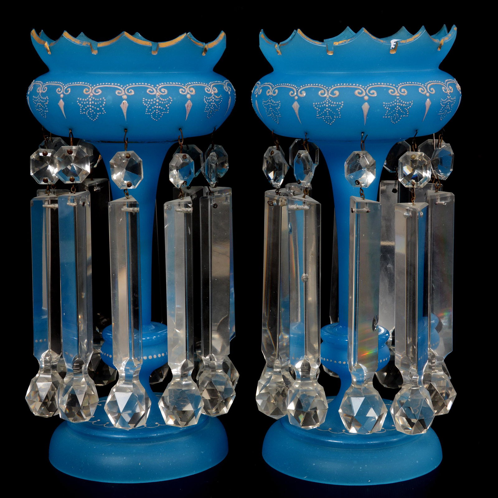 Pair Candle Lustres, Blue Opaque Art Glass: Pair Candle Lustres, Blue Opaque Art Glass, 12" x 6", White Enamel Decor, Large Prisms with Facet Cut Ball Ends, Chips on Some Prisms, Sharp Tooth Rim, One Point has Some Roughness, Private Collection