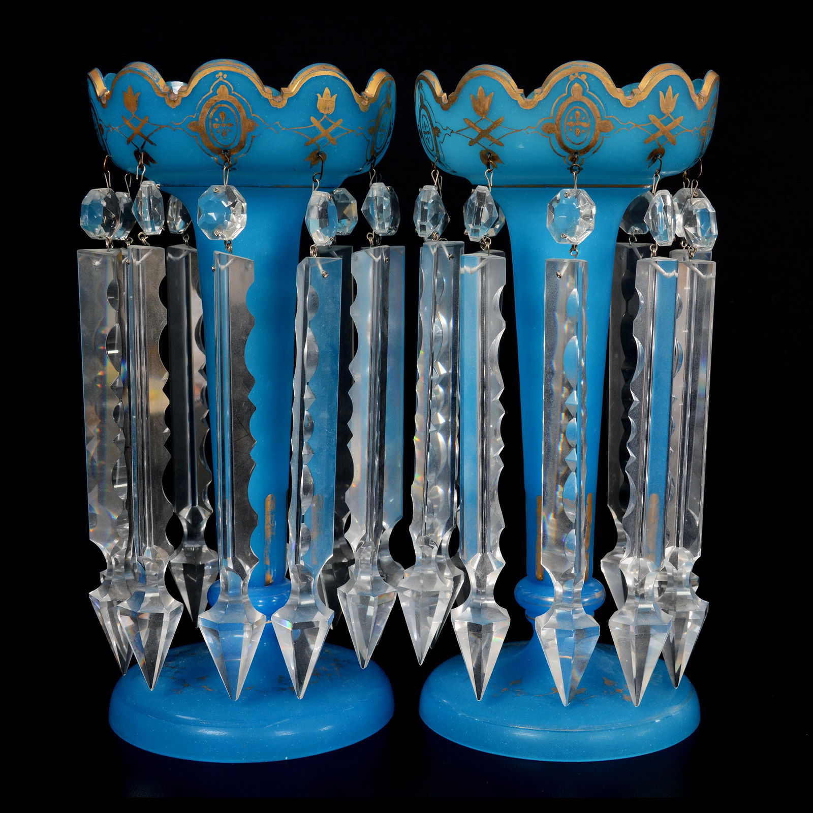 Pair Candle Lustres, Blue Opaque Art Glass (1 of 3)